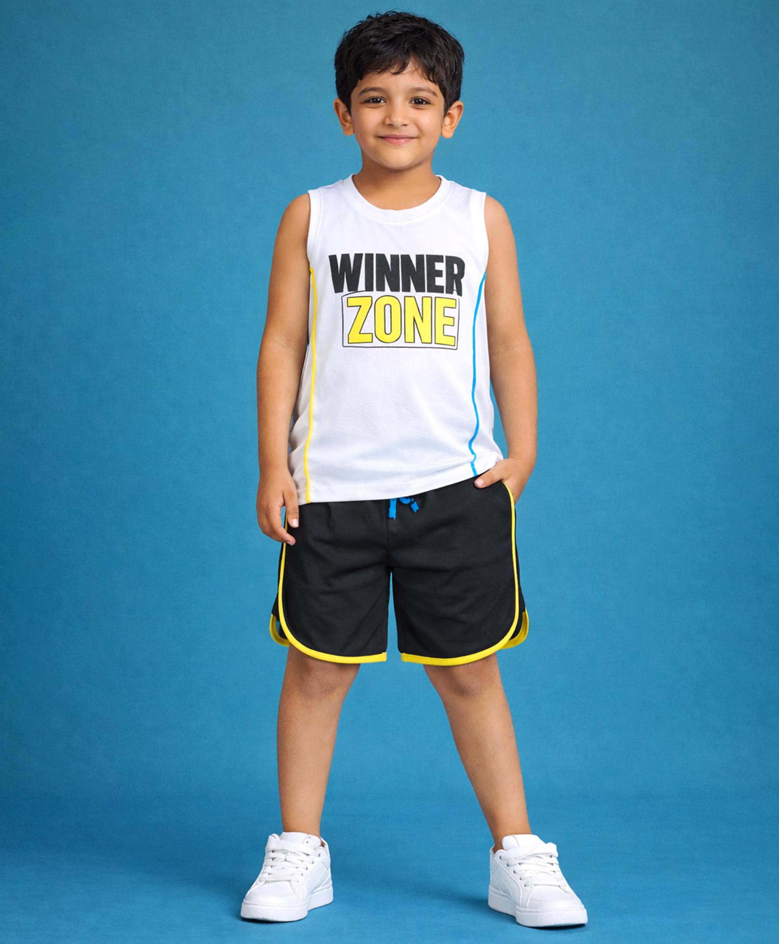 Kaboosh Knit Sleeveless Winner Zone Text Printed Tee & Shorts Set - White & Black-image-6