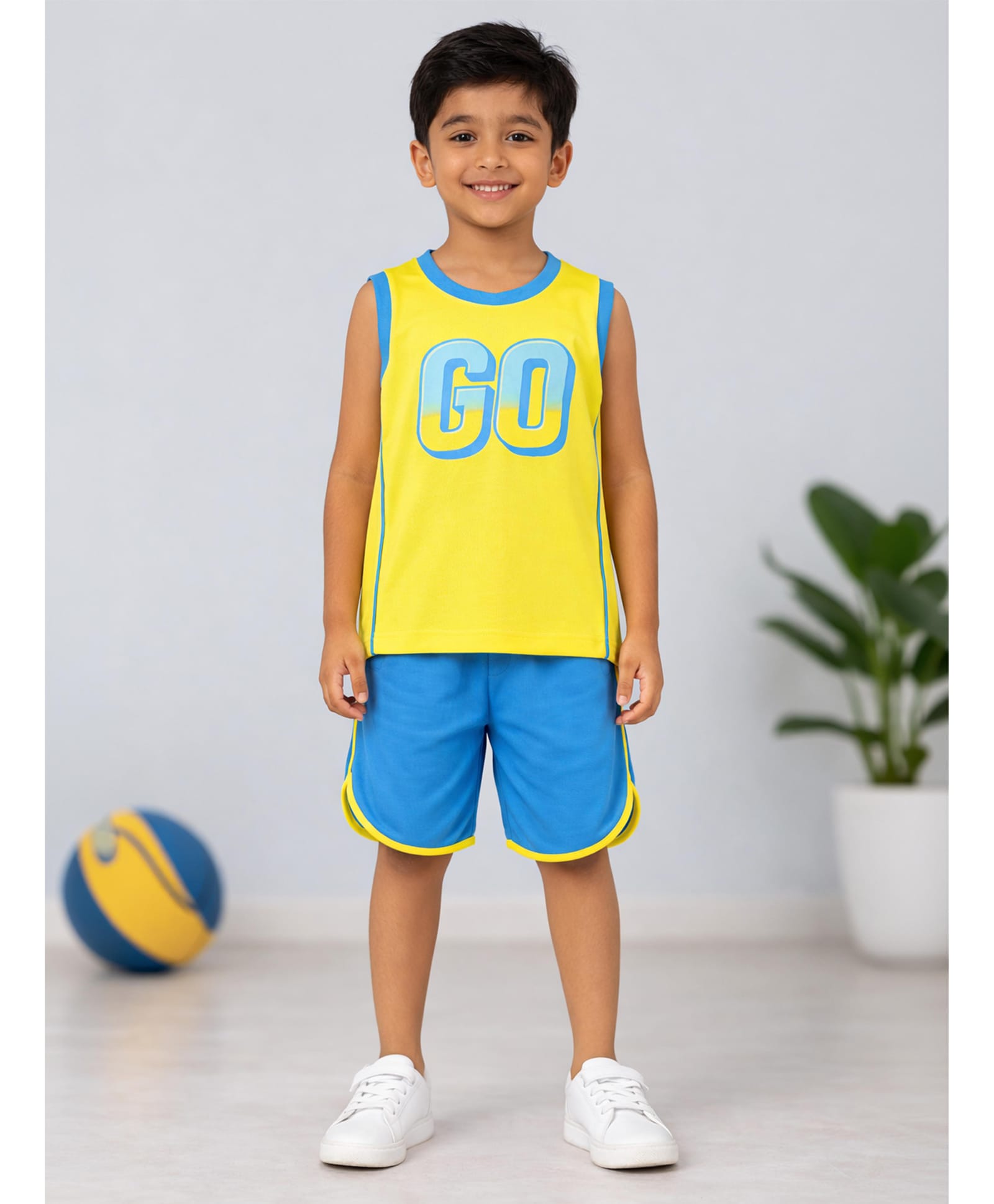Kaboosh Knit Sleeveless Go Text Printed Tee & Shorts Set - Yellow & Royal Blue-picture-25