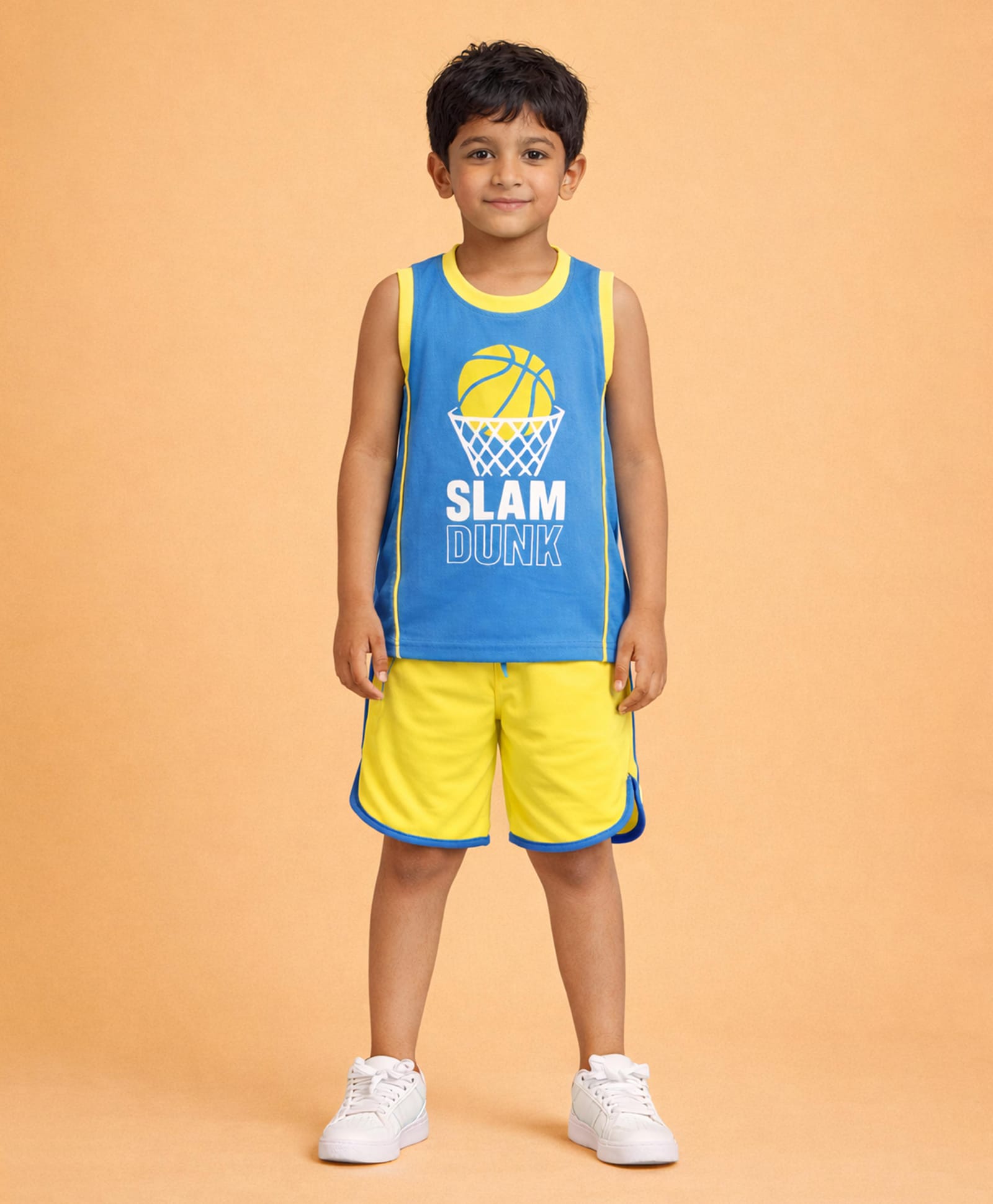 Kaboosh Knit Sleeveless Slam Dunk Text Printed Tee & Shorts Set - Royal Blue & Yellow-picture-19