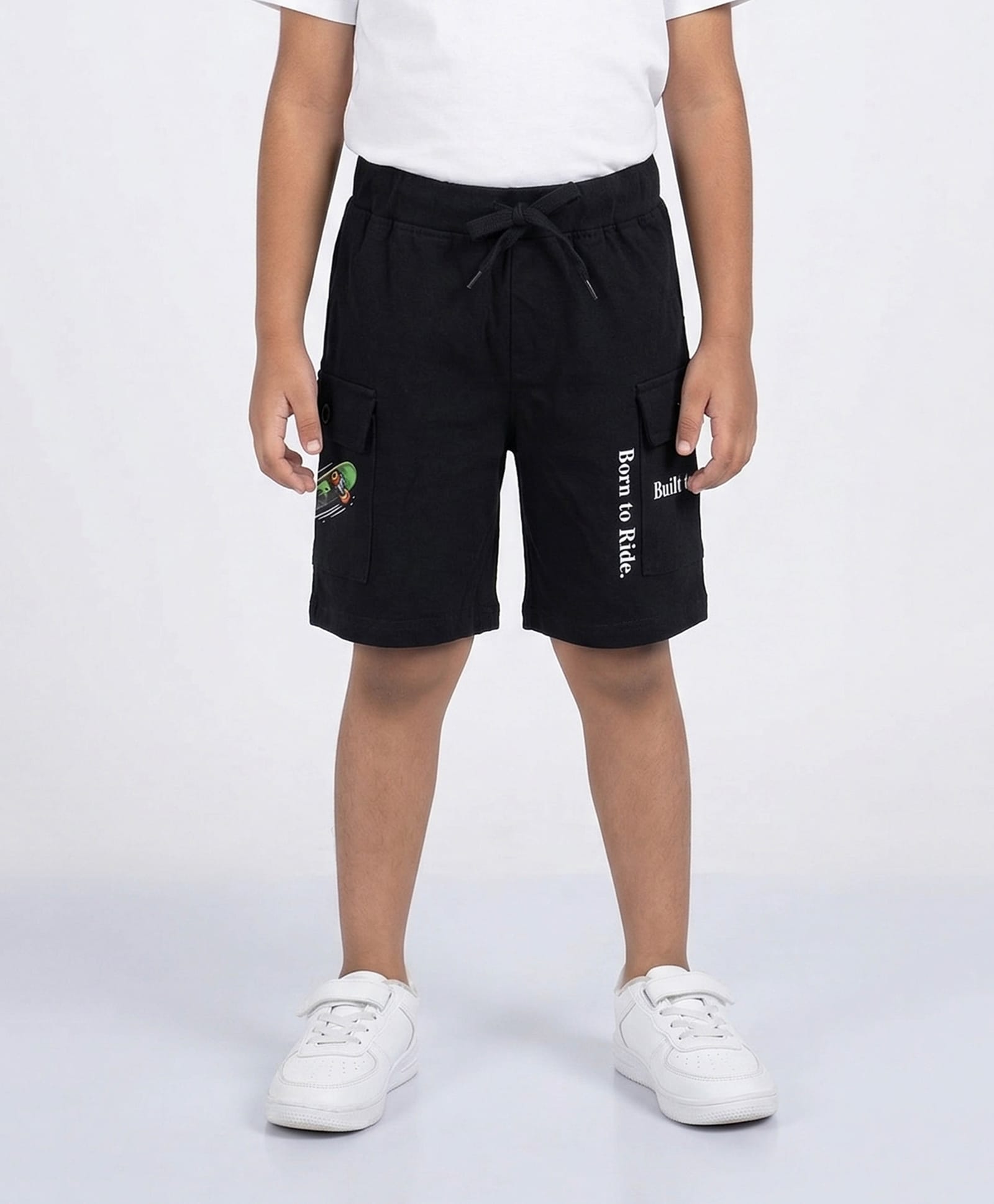 Kaboosh Cotton Knit Skateboard & Born To Ride Text Printed Cargo Style Shorts - Black-image-3