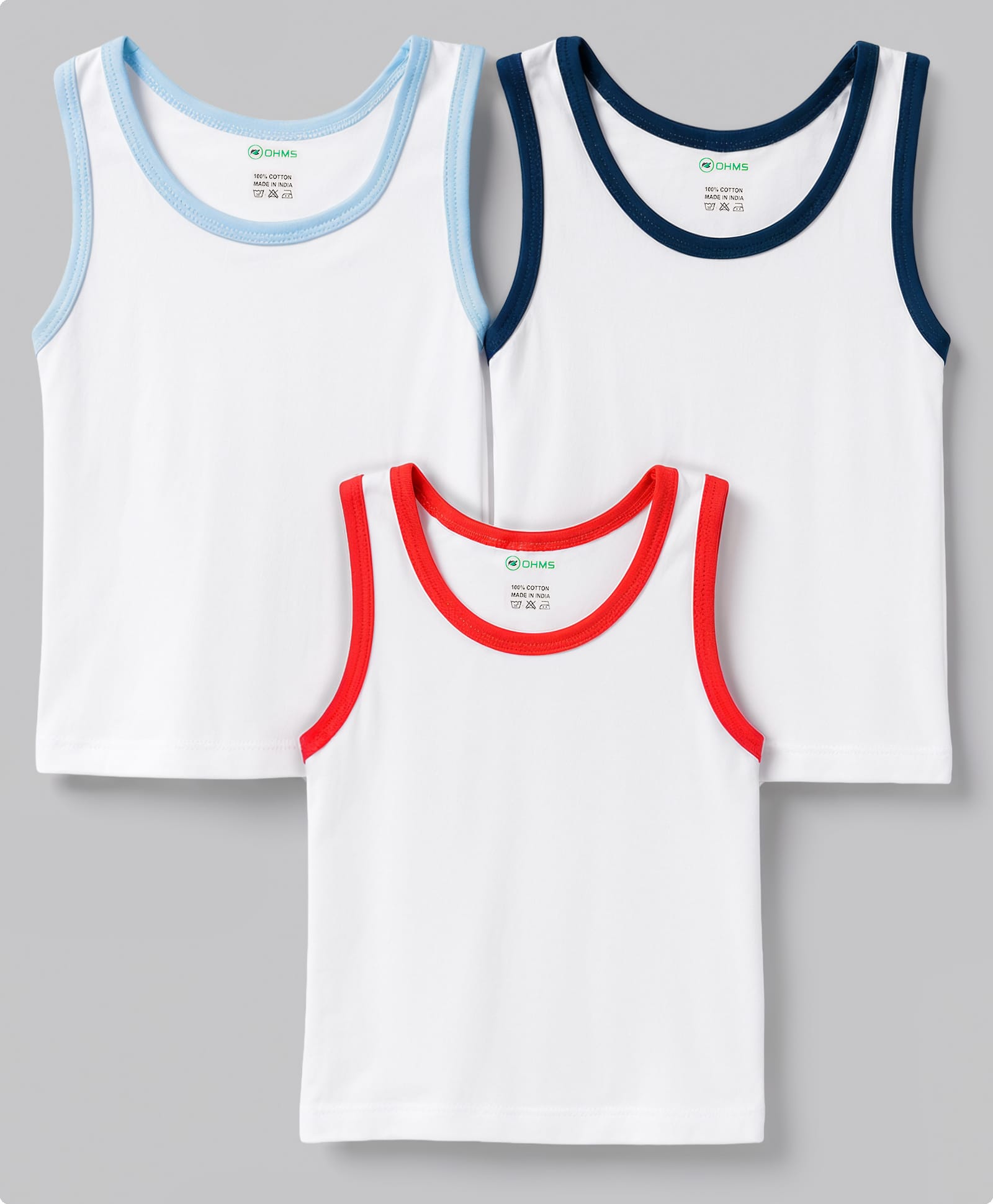 OHMS Single Jersey Knit Sleeveless Solid Vests Pack of 3 - Multicolor-image-36