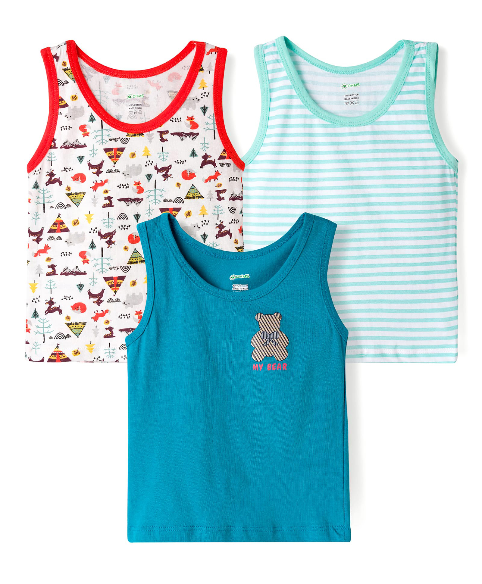 OHMS Single Jersey Knit Sleeveless Vests With Animal Print Pack of 3 - Multicolor-image-47