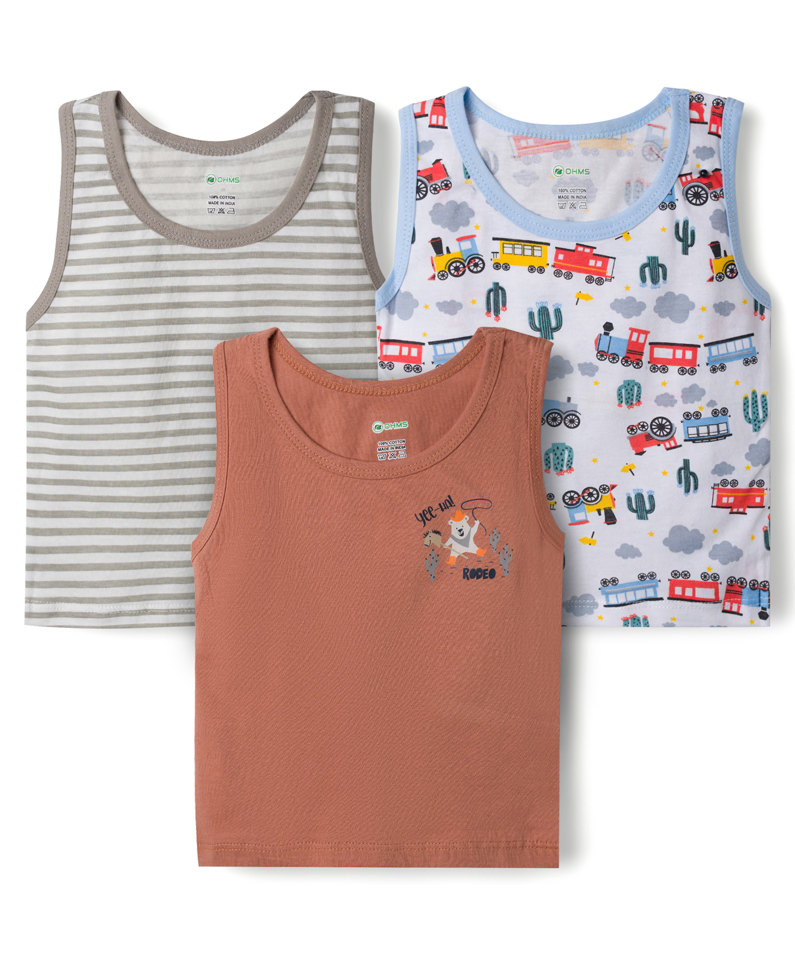 OHMS Single Jersey Knit Sleeveless Vests With Train & Animal Print Pack of 3 - Multicolor-image-32