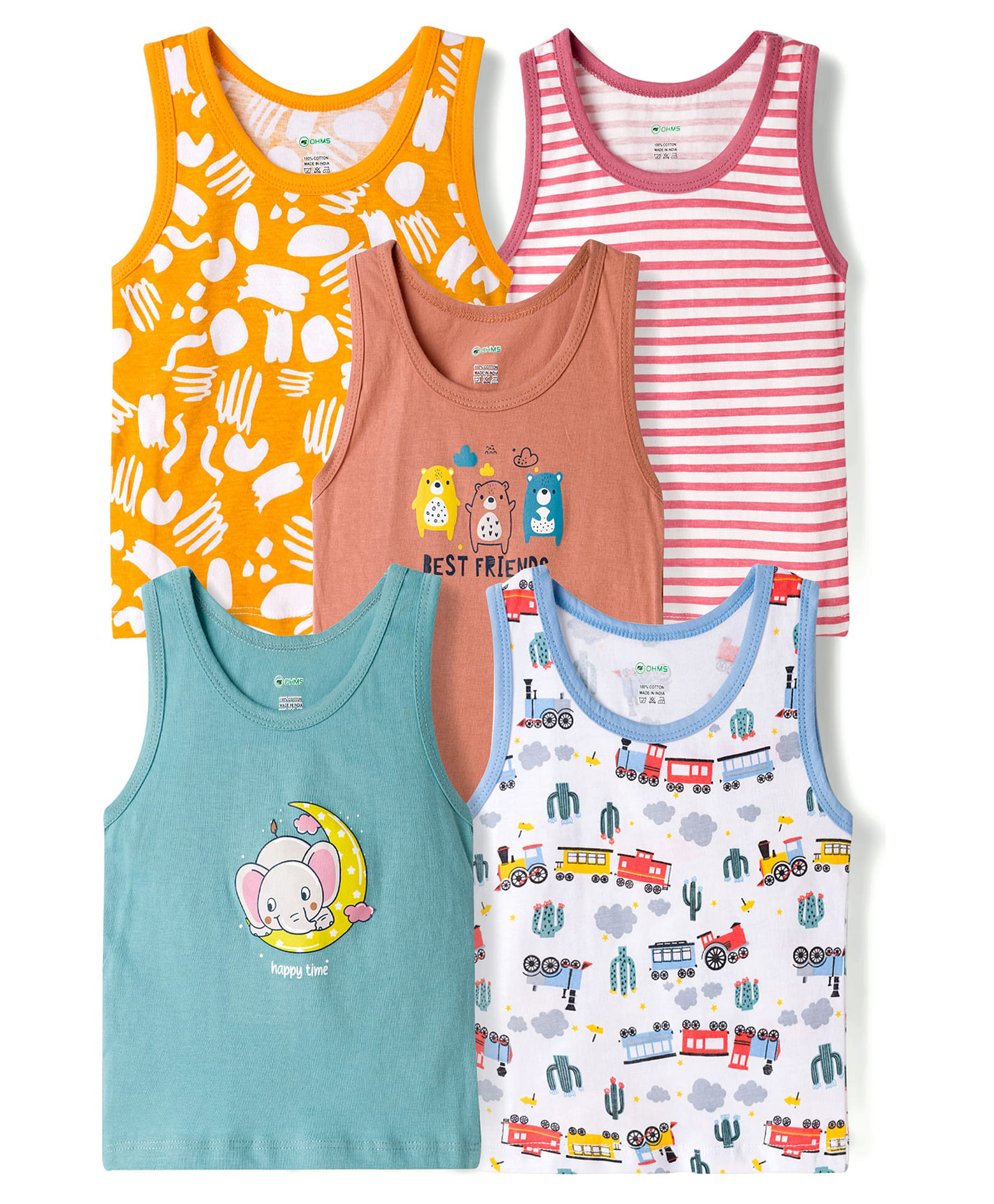 OHMS Single Jersey Knit Sleeveless Printed Vests Pack of 5 - Multicolor-image-46