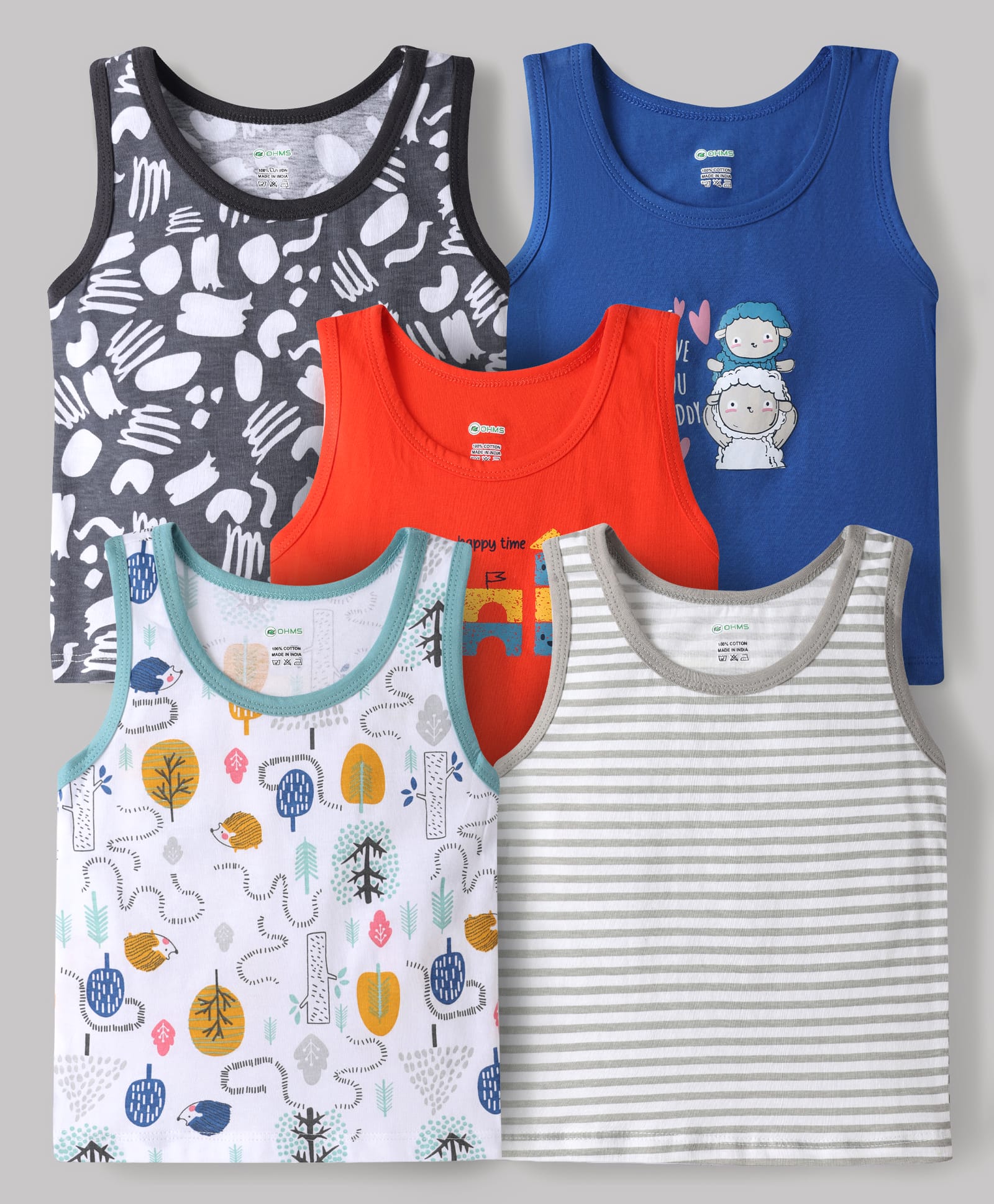OHMS Single Jersey Knit Printed Sleeveless Vests Pack of 5 - Multicolor-image-41