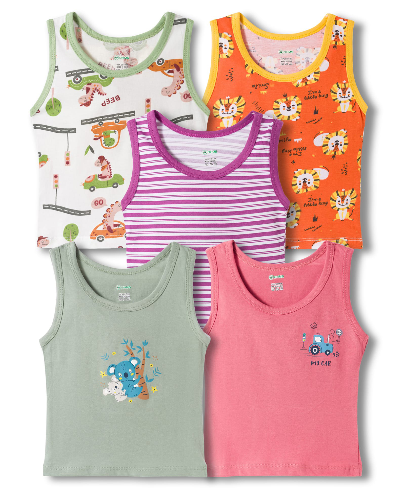 OHMS Single Jersey Knit Sleeveless Printed Vest Pack of 5 - Multicolor-image-1
