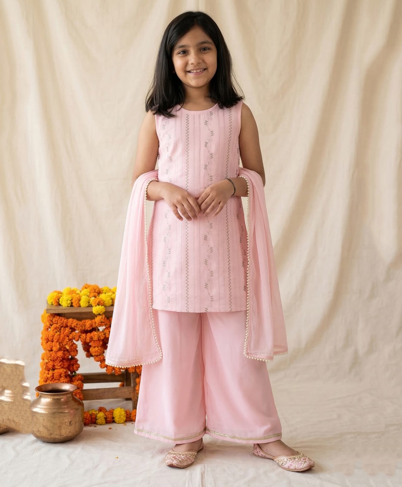 Tales & Stories Georgette Woven Sleeveless Thread Work Embroidered Kurti & Palazzo Set with Dupatta - Pink-image-22