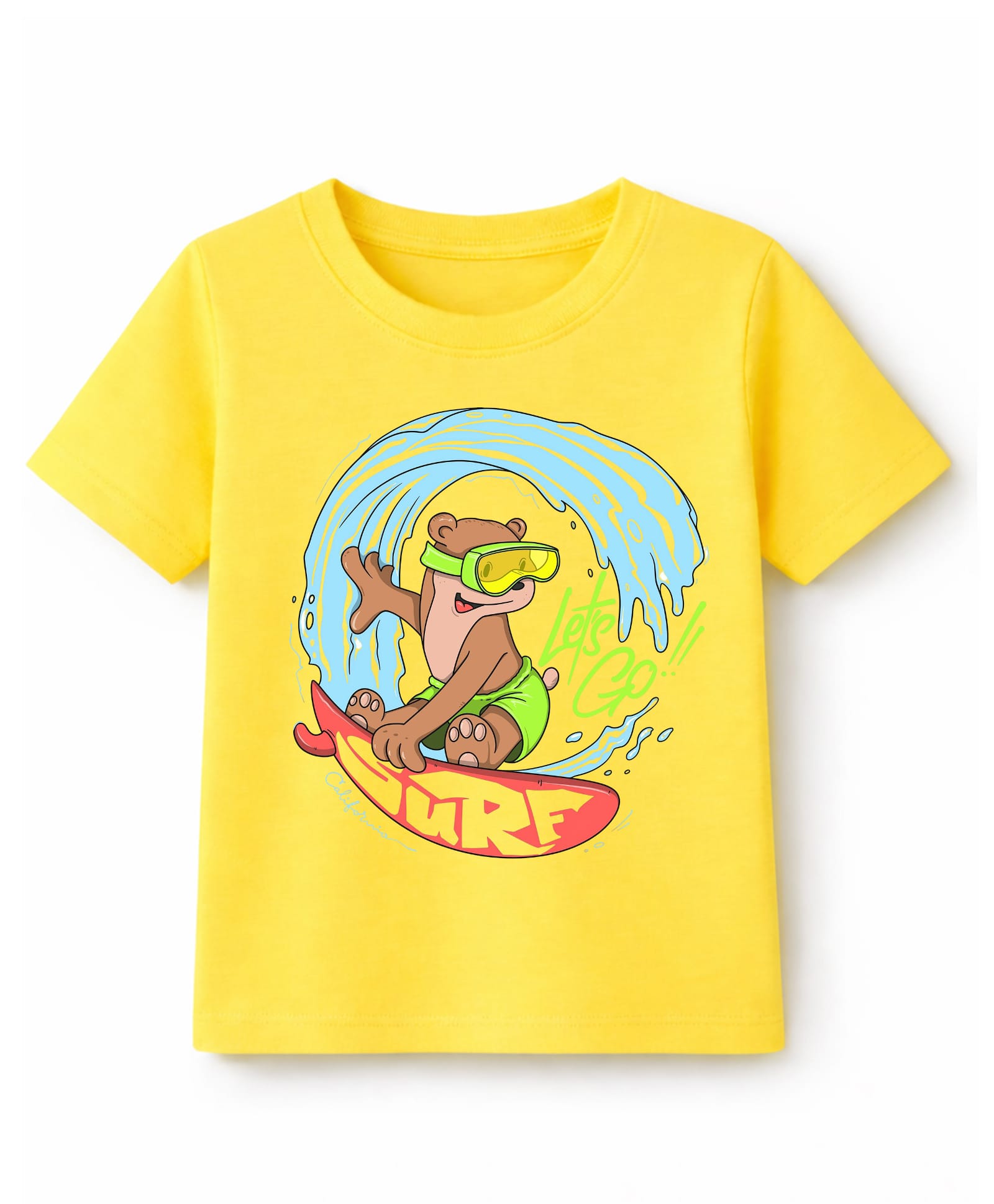 KAVEE Cotton Knit Half Sleeves Surfing Bear Printed Tee - Yellow-picture-14