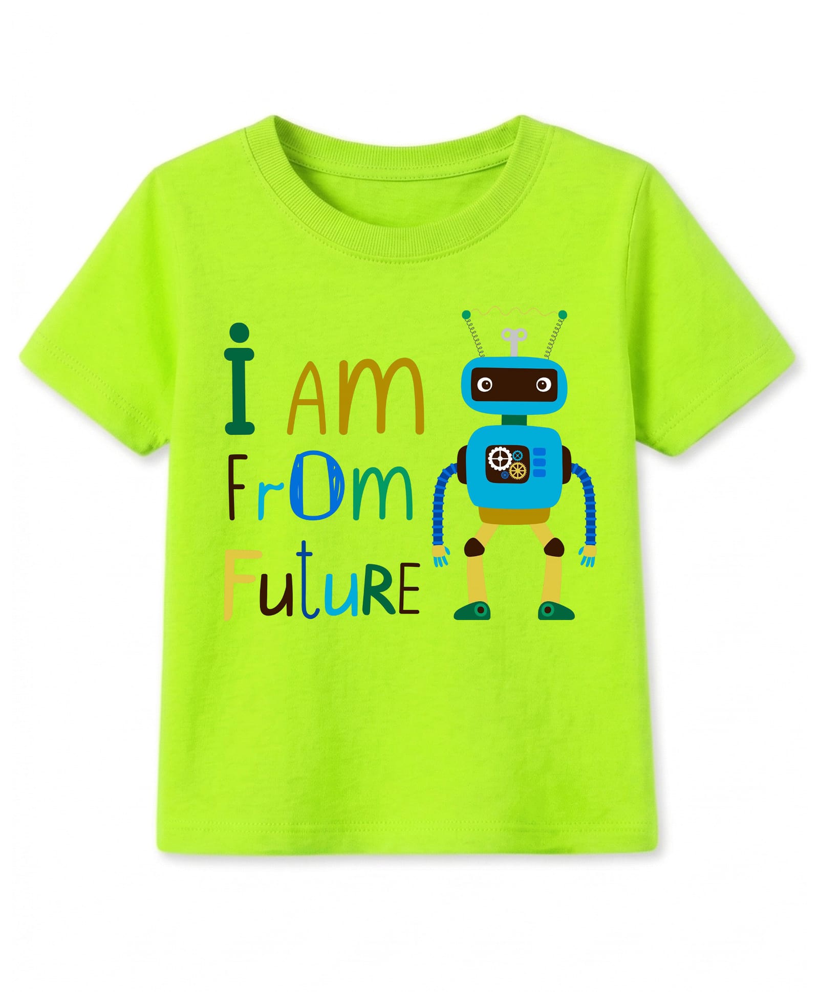 KAVEE Cotton Knit Half Sleeves Robot & I Am From Future Text Printed Tee - Neon Green-picture-15