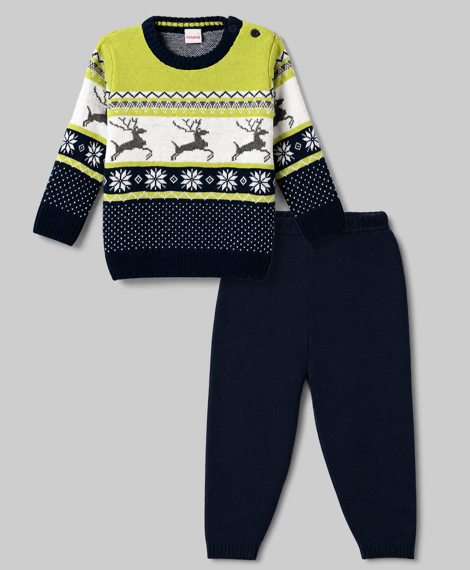 Babyhug Knitted Full Sleeves Reindeer Designed Sweater Set - Navy Blue-image-13