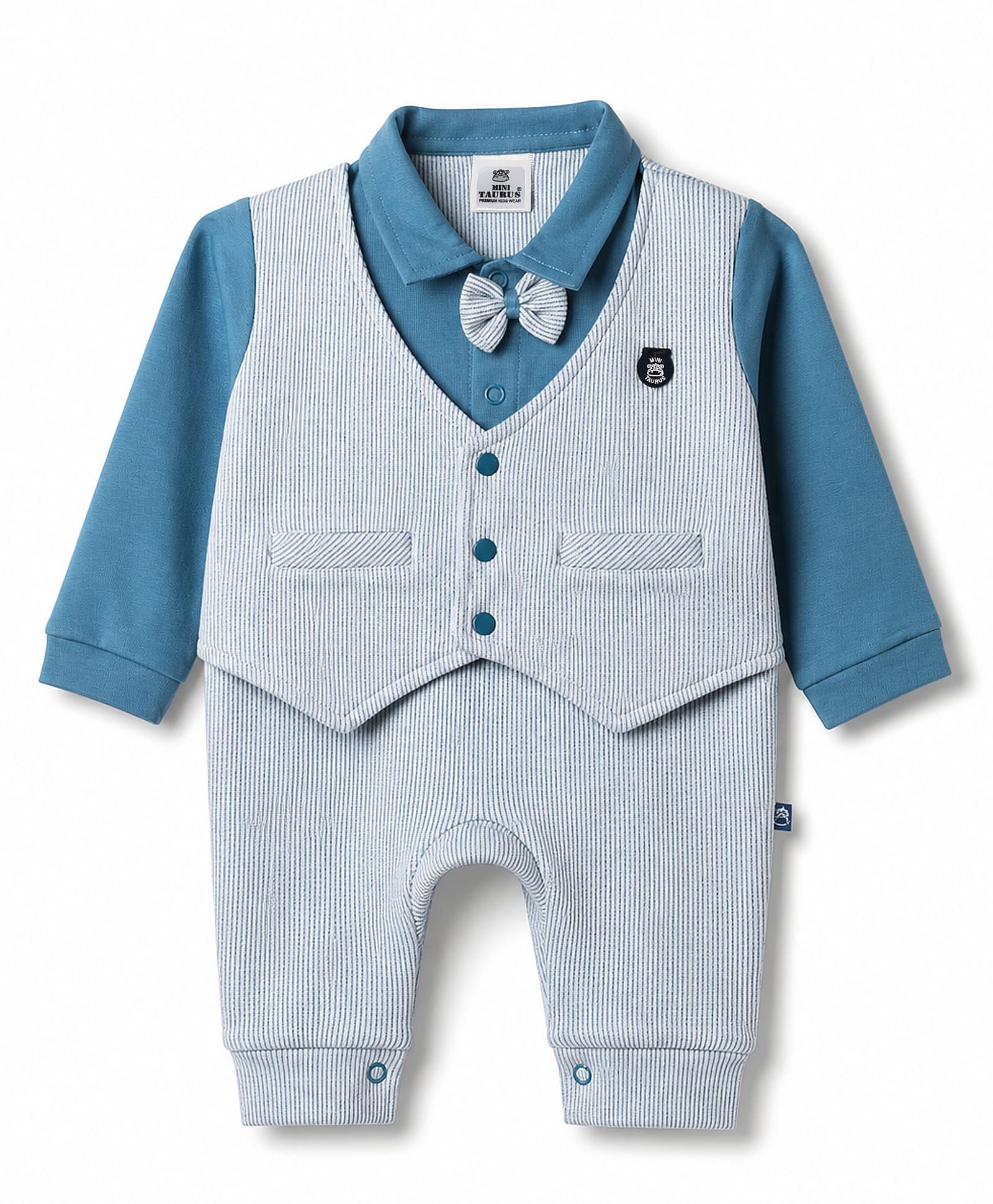 Mini Taurus Interlock Knit Full Sleeves Striped Party Romper with Bow Applique & Attached Waistcoat - Blue-picture-37