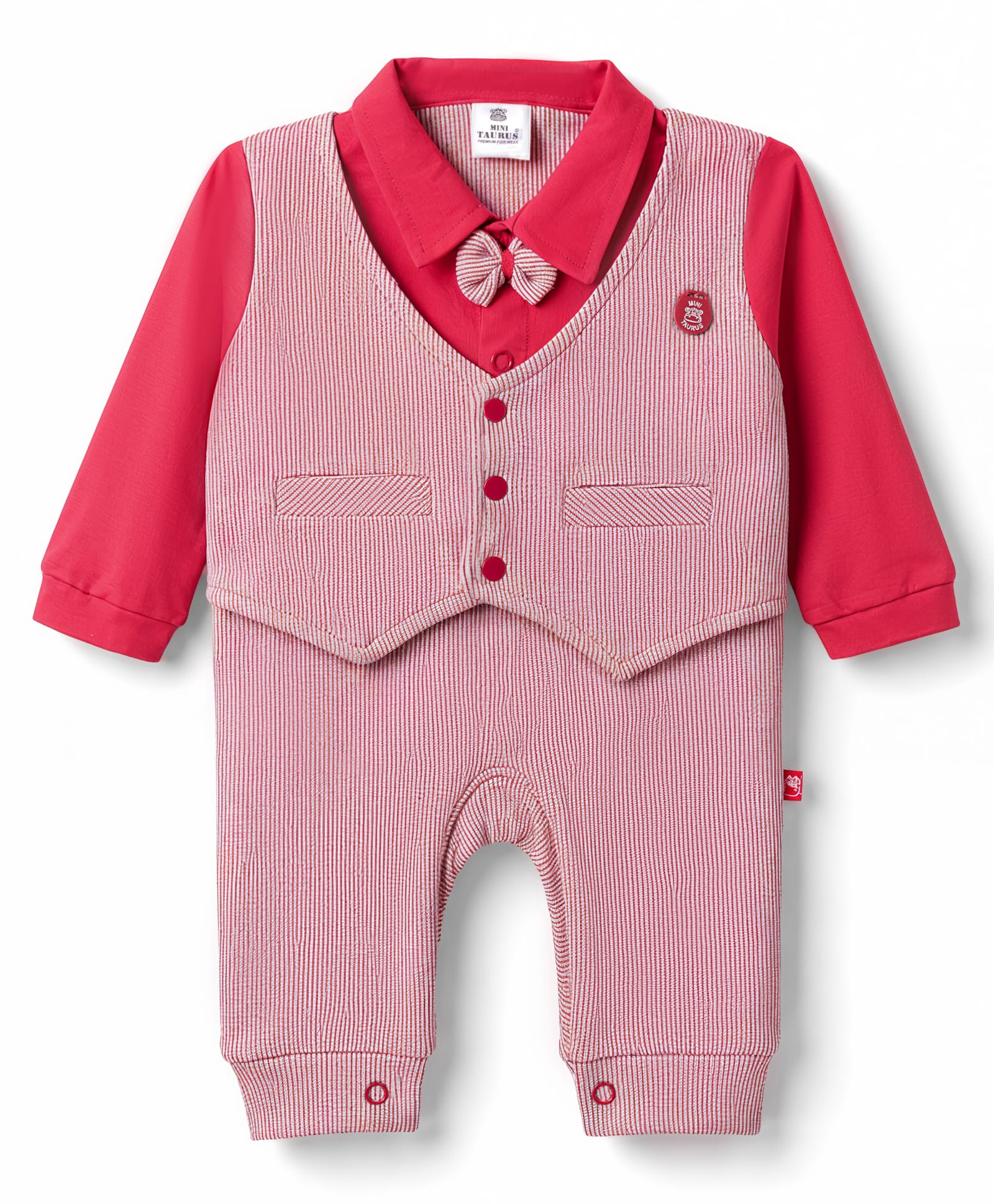 Mini Taurus Interlock Knit Striped Party Romper With Bow Applique - Red & Pink-picture-19