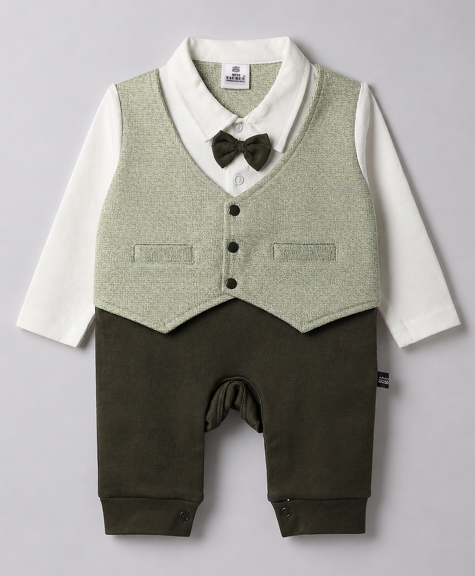 Mini Taurus Interlock Knit Full Sleeves Solid Party Romper with Bow Applique & Attached Waistcoat - Green-picture-15