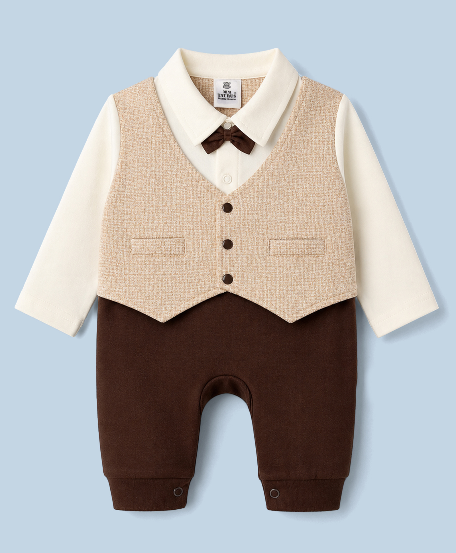 Mini Taurus Interlock Knit Full Sleeves Solid Party Romper with Bow Applique & Attached Waistcoat - Mustard-image-28