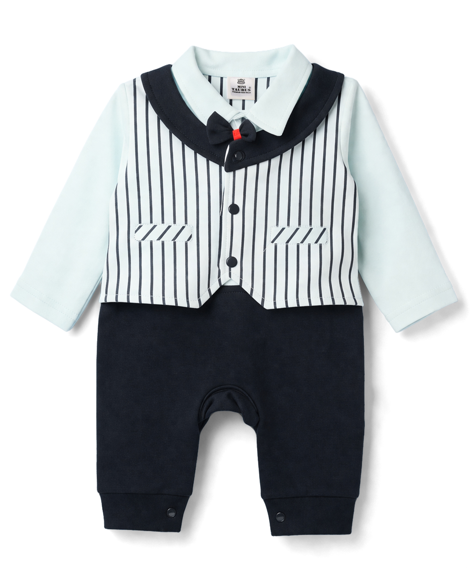 Mini Taurus Interlock Knit Full Sleeves Striped Party Romper with Bow Applique & Attached Waistcoat - Navy Blue-picture-40