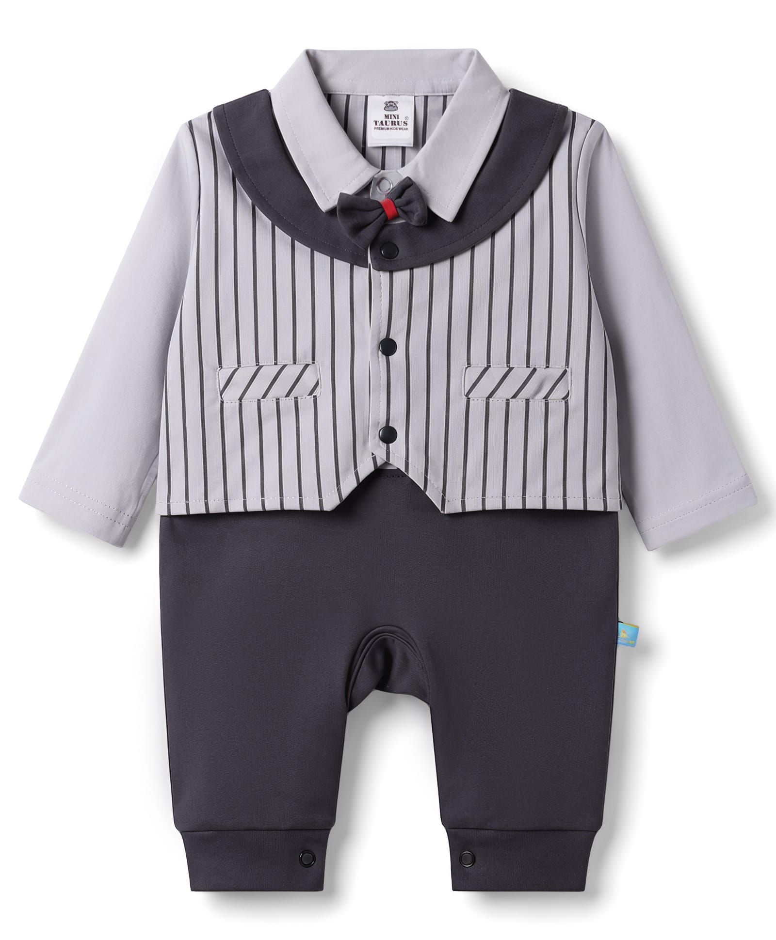 Mini Taurus Interlock Knit Striped Party Romper With Bow Applique - Grey-picture-6