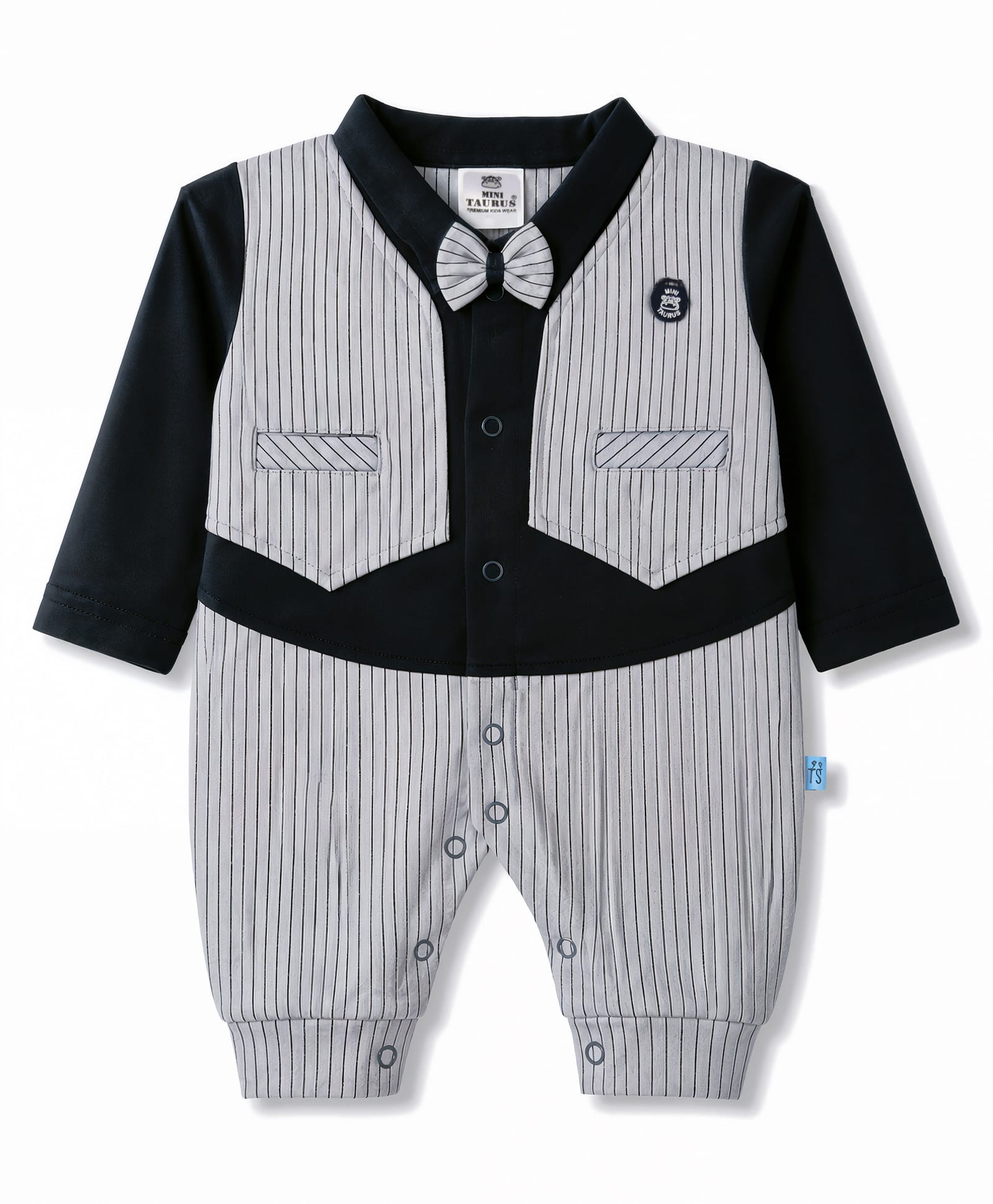Mini Taurus Interlock Knit Full Sleeves Striped Party Romper with Bow Applique & Attached Waistcoat - Blue-picture-11