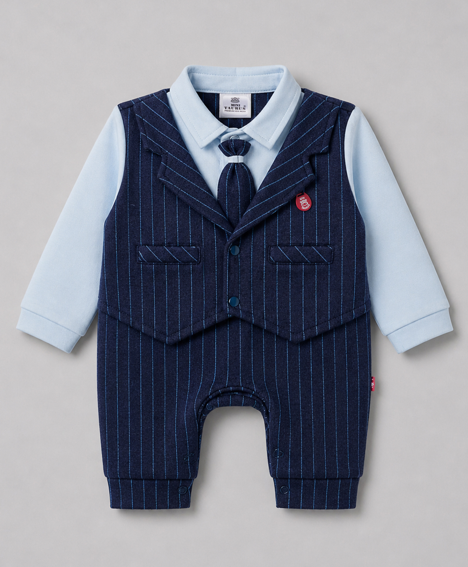 Mini Taurus Interlock Knit Full Sleeves Striped Party Romper with Tie Applique & Attached Waistcoat - Navy Blue-picture-14