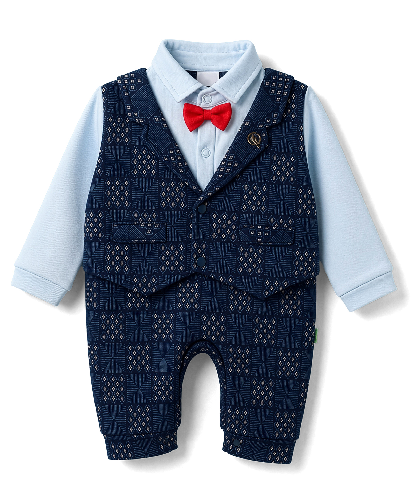 Mini Taurus Interlock Knit Full Sleeves Printed Party Romper with Bow Applique & Attached Waistcoat - Blue-image-46