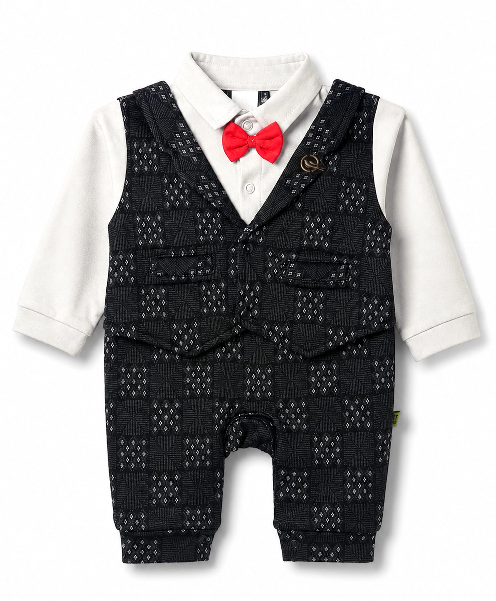 Mini Taurus Interlock Knit Full Sleeves Printed Party Romper with Bow Applique & Attached Waistcoat - Black-picture-11