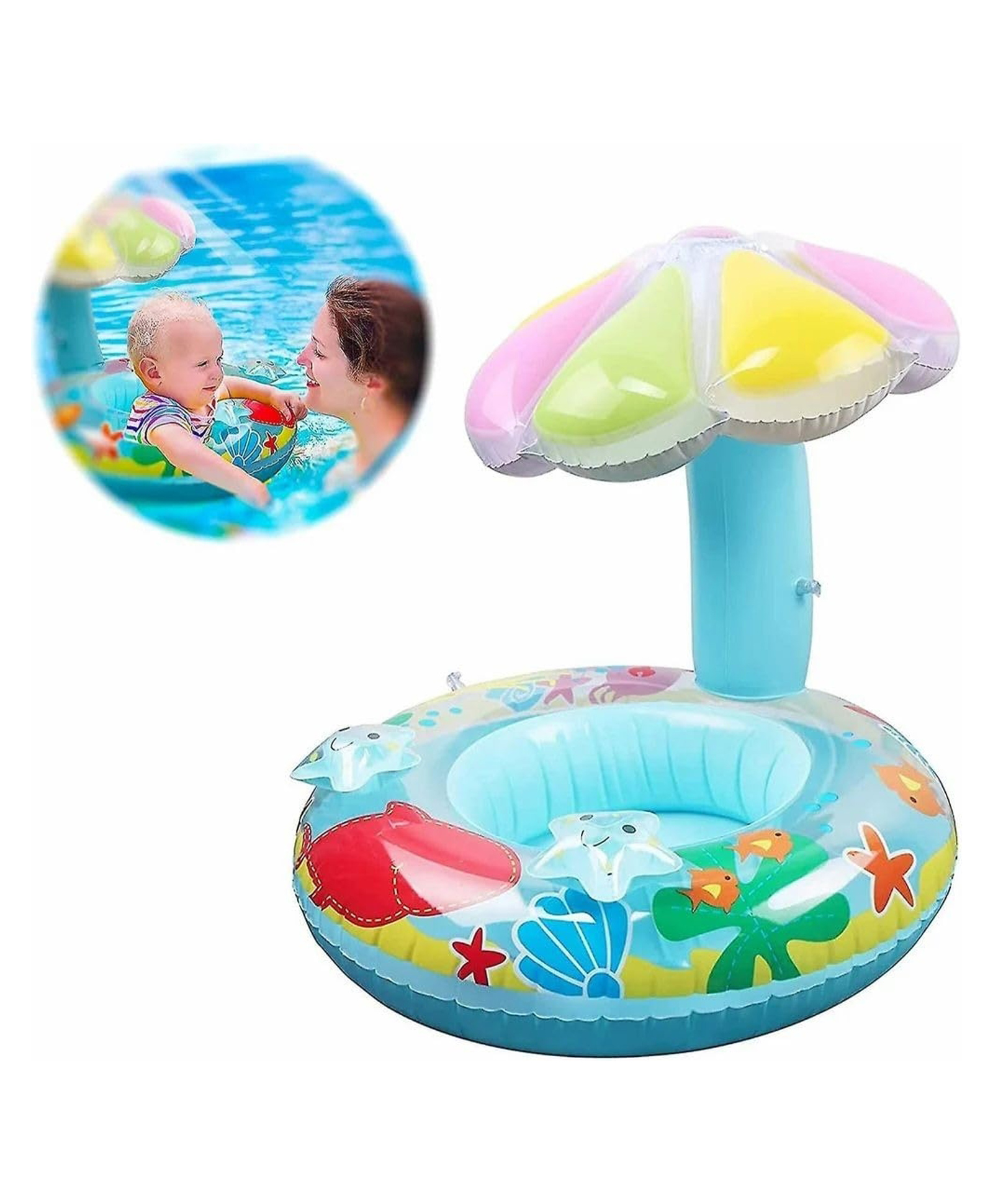Azhari Inflatable Baby Water Float with Leg Hole Swim Ring, Secure and Safety Water Swim Ring Seat for Kids, Infant Pool Float with Sun Protection Blue Color-image-22