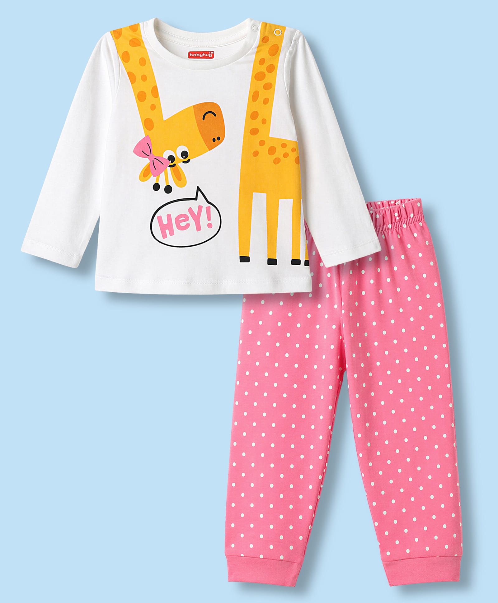 Babyhug Cotton Knit Full Sleeves T-Shirt & Polka Dot Pyjama Night Suit With Giraffe Print - White-image-2