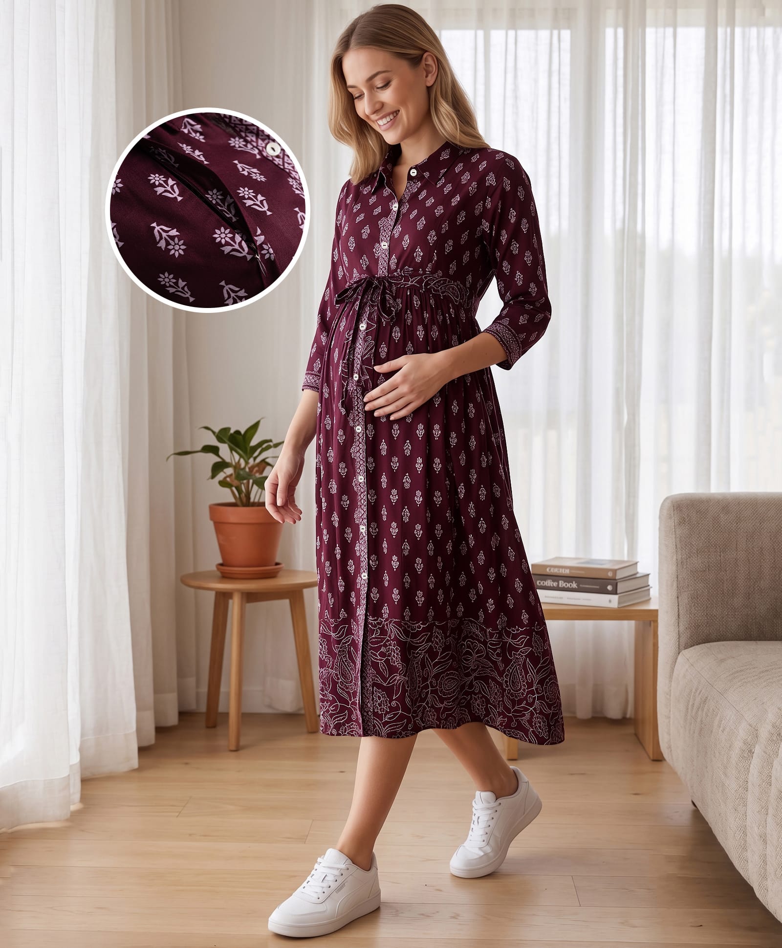 Bella Mama Viscose Woven Three Forth Sleeves Floral Printed Maternity Dress - Mauve-picture-2