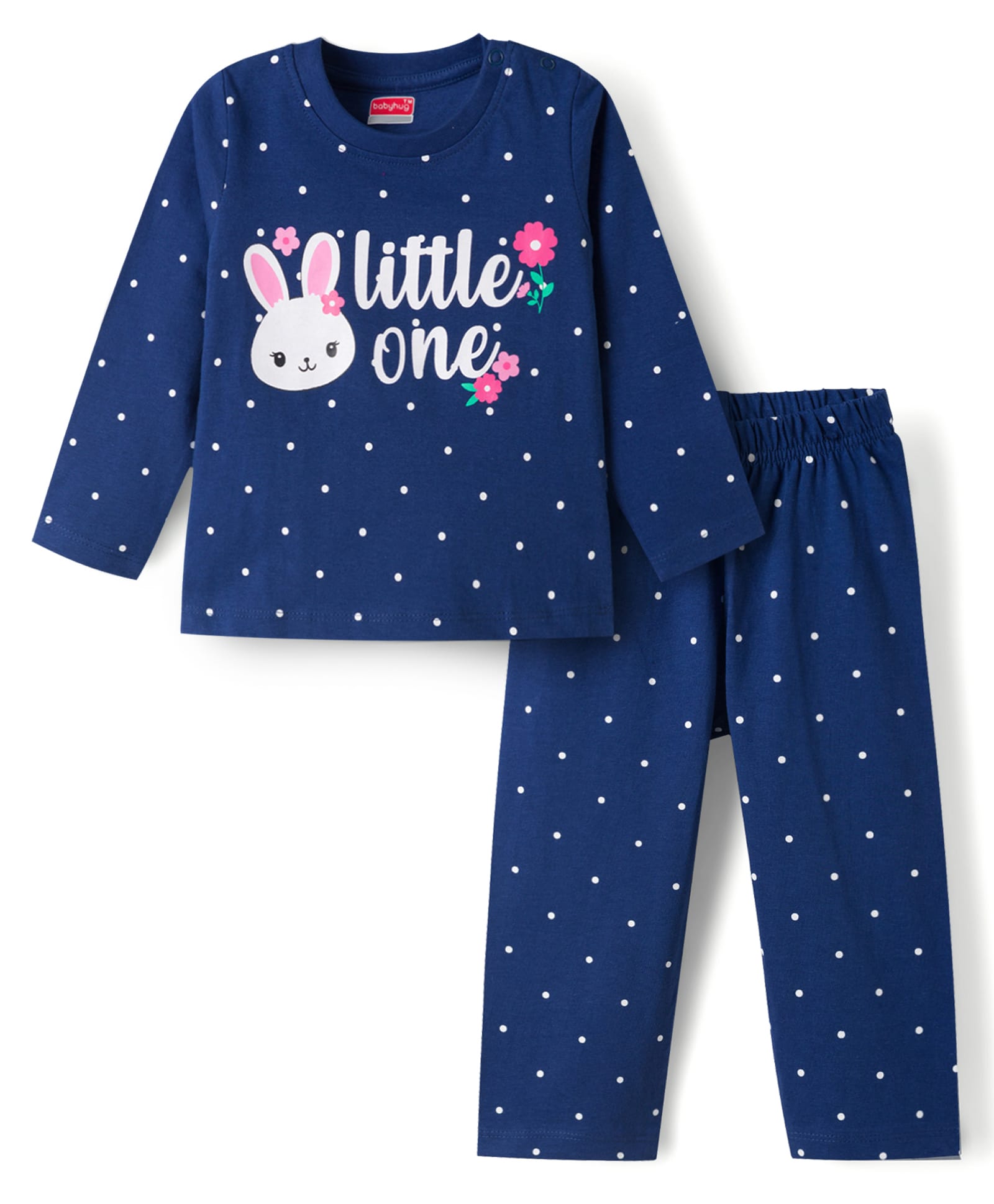 Babyhug Cotton Knit Full Sleeves Bunny & Polka Dot Printed T-Shirt & Pyjama Night Suit - Navy-image-23