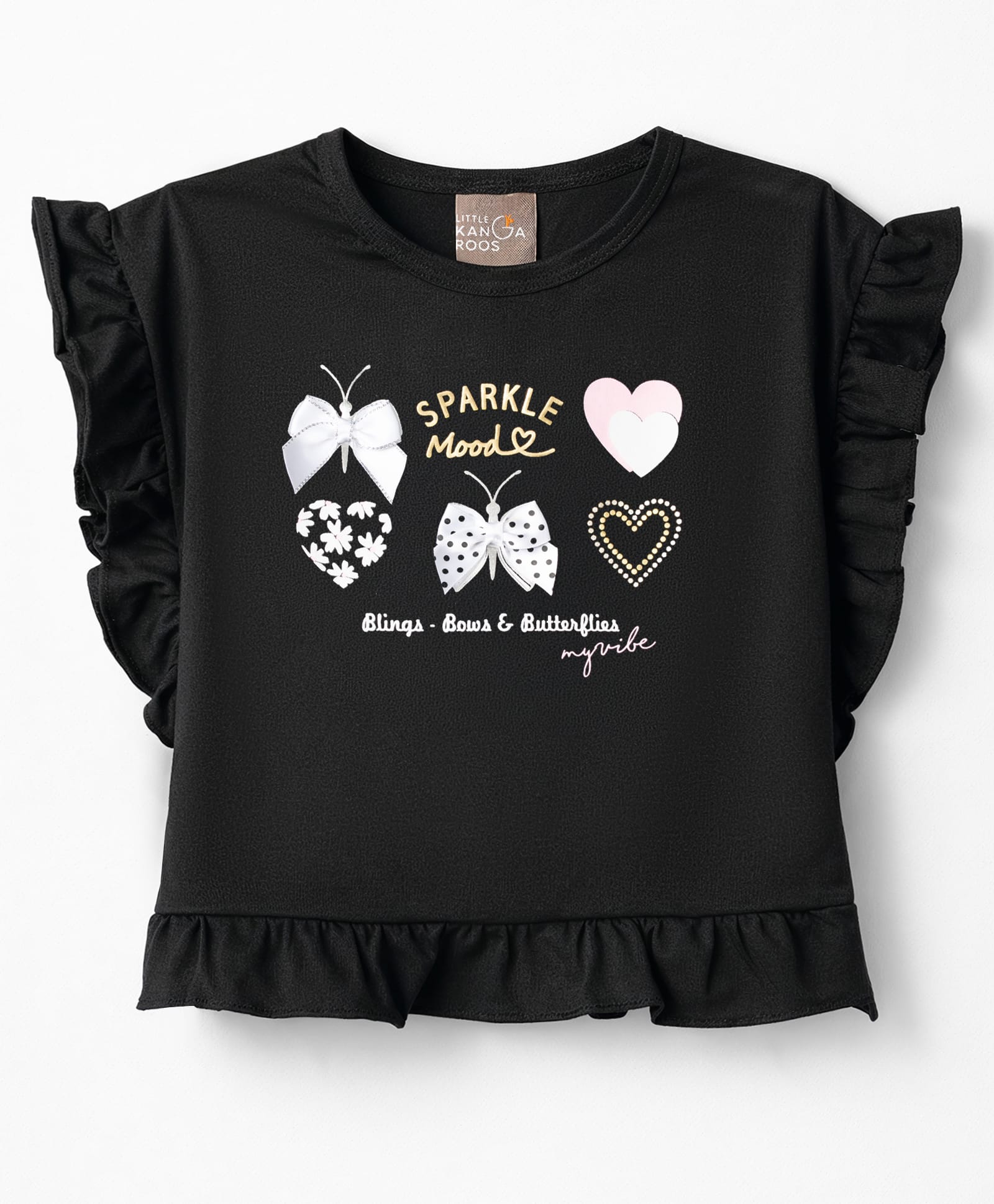 Little Kangaroos Cotton Knit Ruffled Top with Graphic Print Black 12-24 Months-image-19