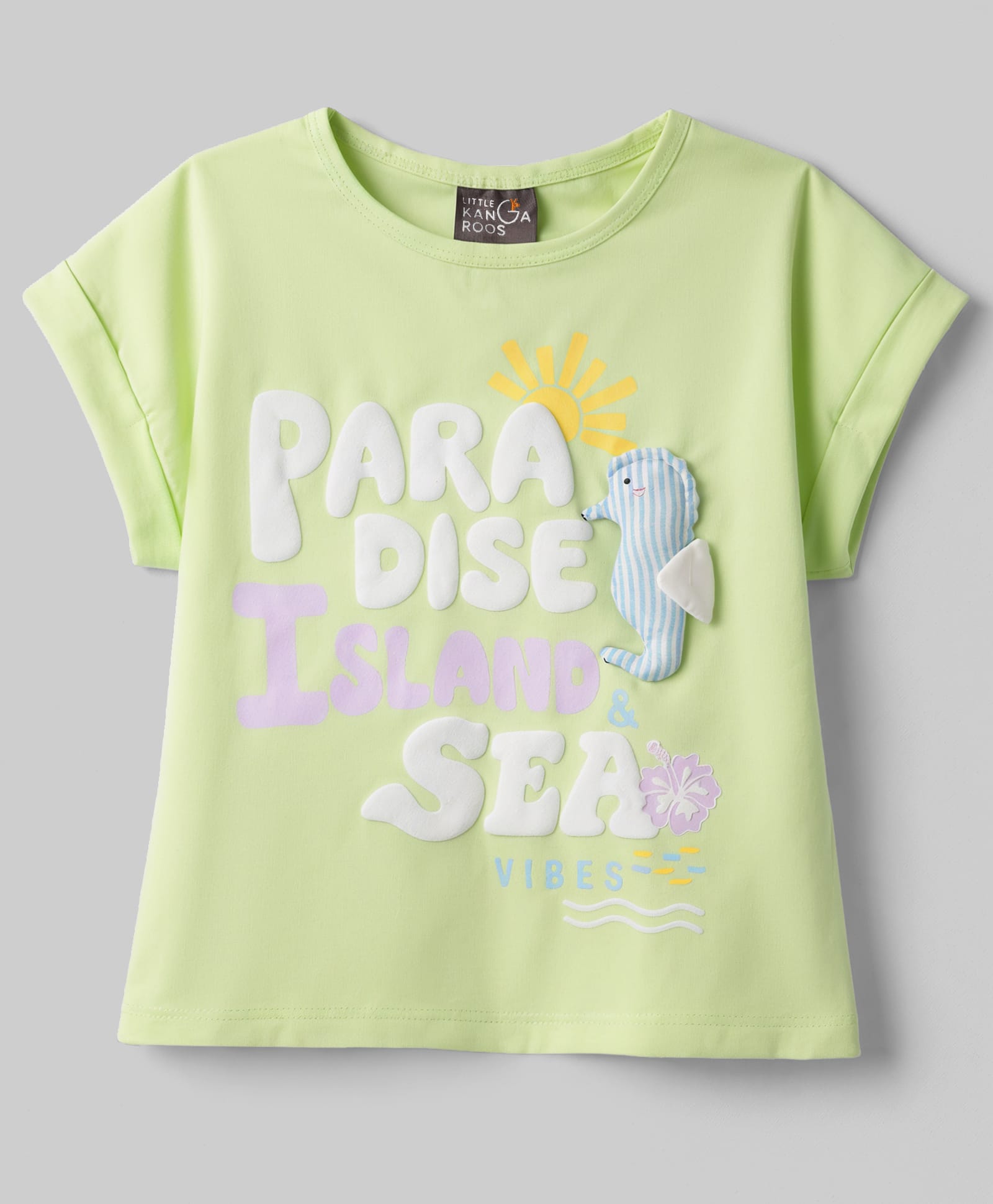Little Kangaroos 100% Cotton Woven Half Sleeves Text Printed Top With Sea Life Applique - Light Green-image-49