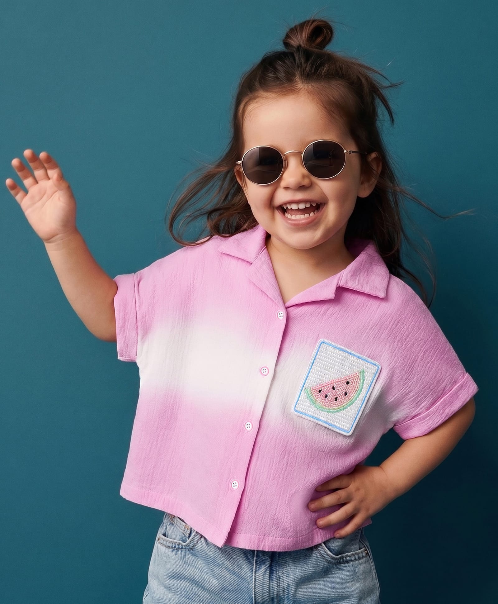 Little Kangaroos Cotton Woven Half Sleeves Watermelon Embroidered Top - Pink-image-48