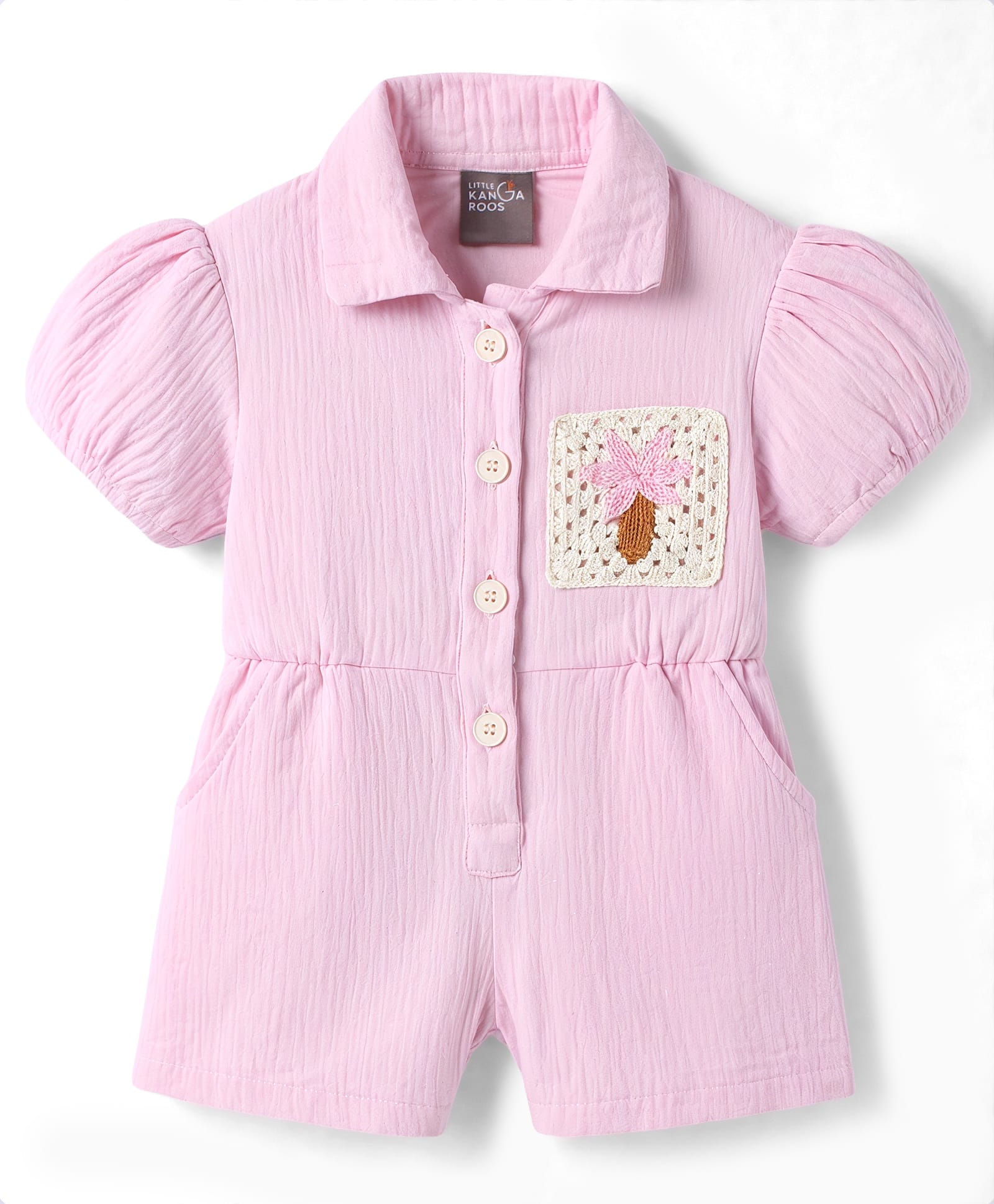 Little Kangaroos Cotton Woven Half Sleeves Jumpsuit With Floral Crochet - Baby Pink-picture-24