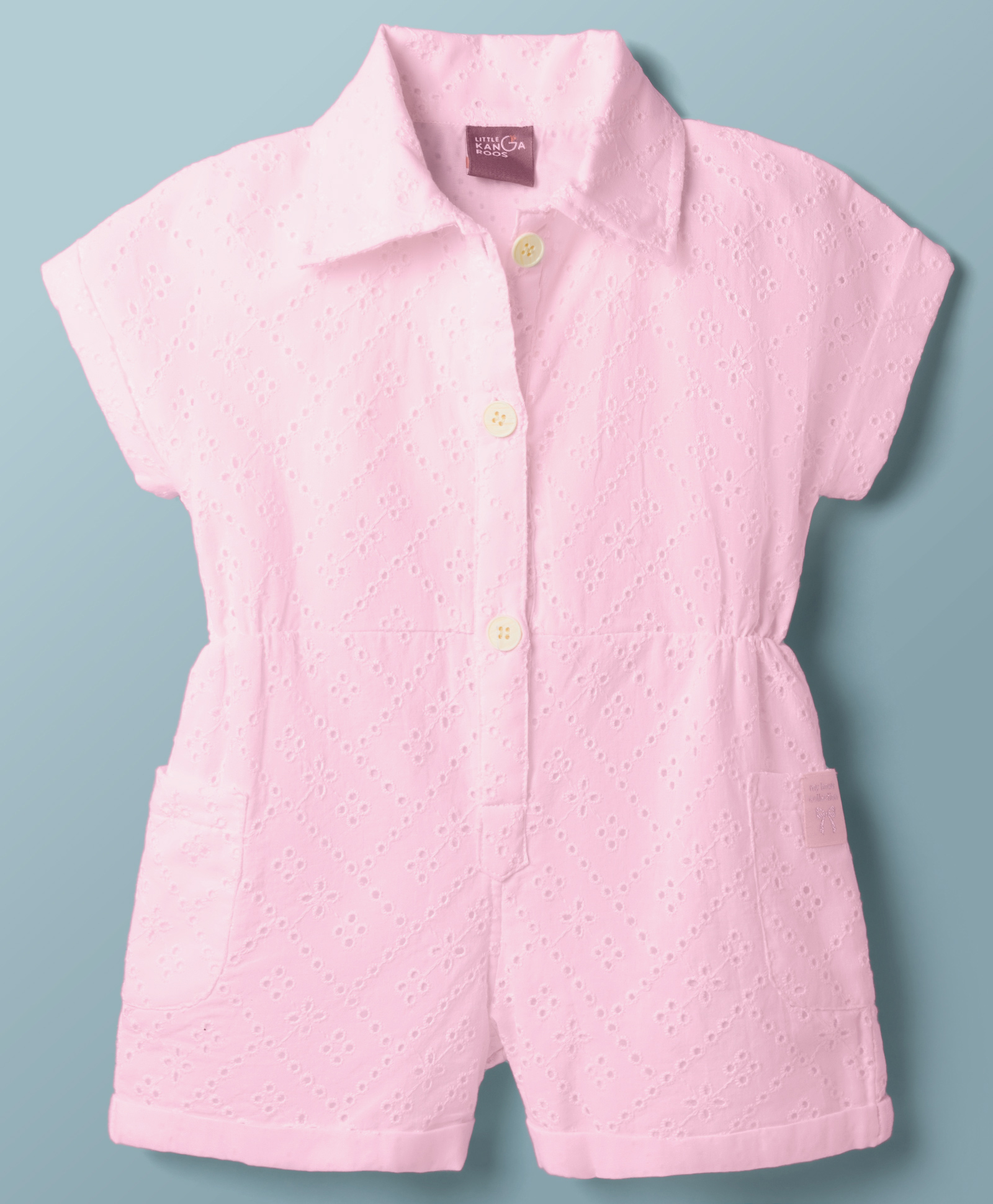 Little Kangaroos Cotton Woven Half Sleeves Schiffli Jumpsuit - Pink-picture-17