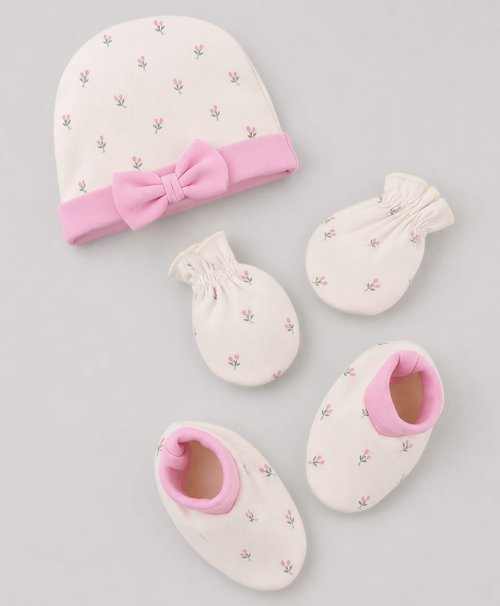 Babyhug 100% Cotton Interlock Knit Cap Mittens & Booties Set With Floral Print & Bow Applique Off White - Diameter 15.5 cm-image-6