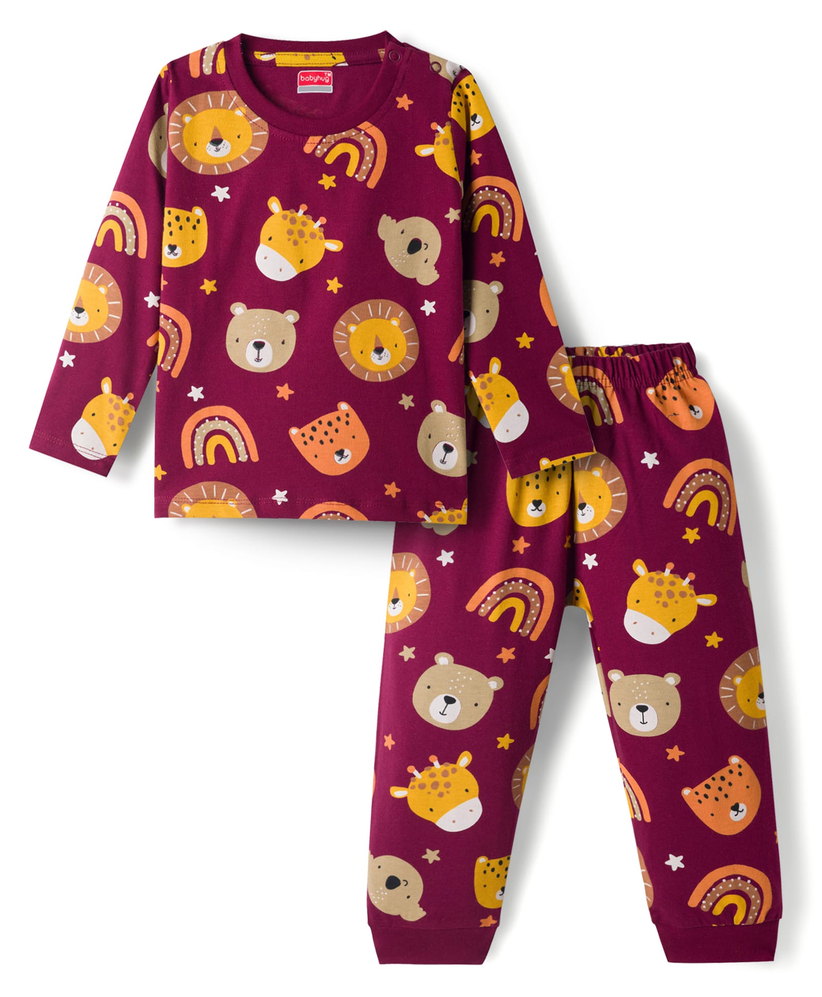 Babyhug Cotton Knit Full Sleeves Co-Ords Animal Face Printed T-Shirt & Pyjama Night Suit - Brown-image-30