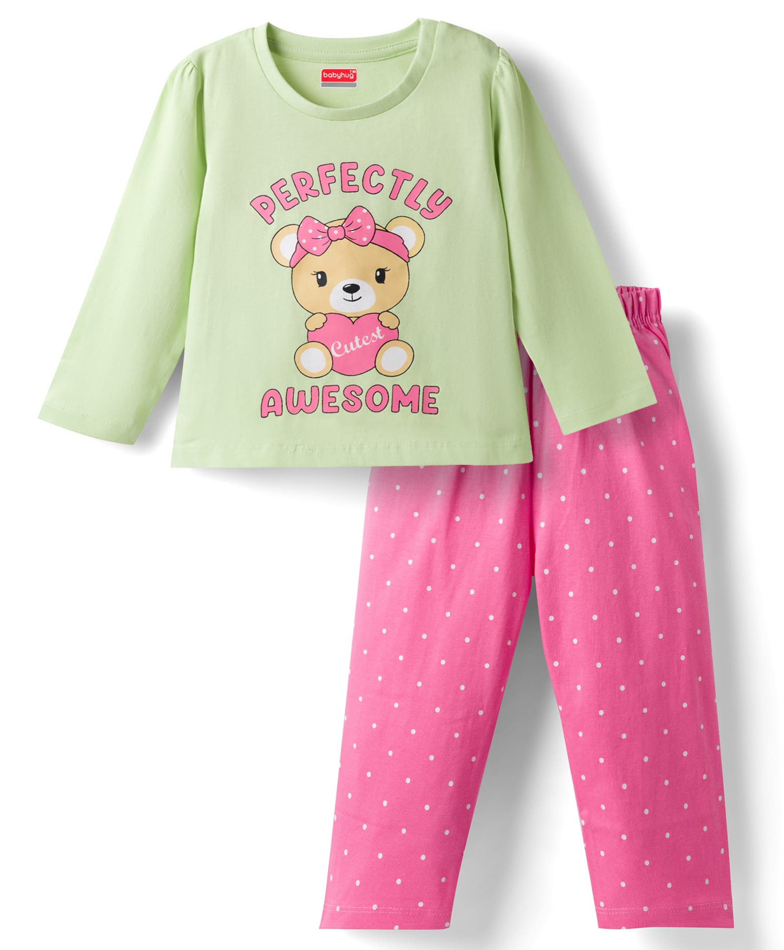 Babyhug Cotton Knit Full Sleeves T-Shirt & Pyjama Night Suit Bear Print - Green-image-28