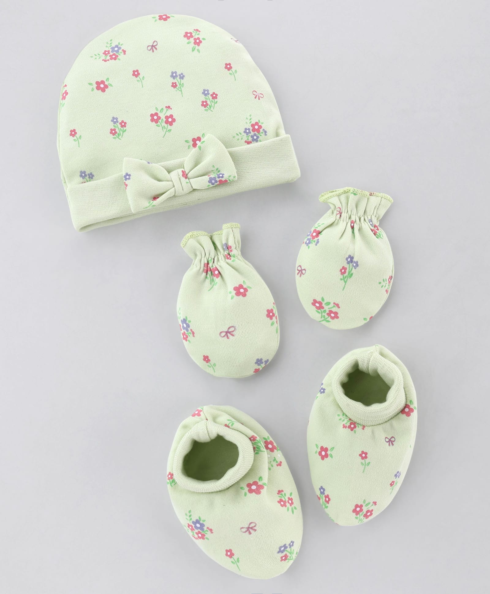 Babyhug 100% Cotton Interlock Knit Cap Mitten & Booties Set With Floral Print & Bow Applique Light Green - Diameter 15.5 cm-image-38