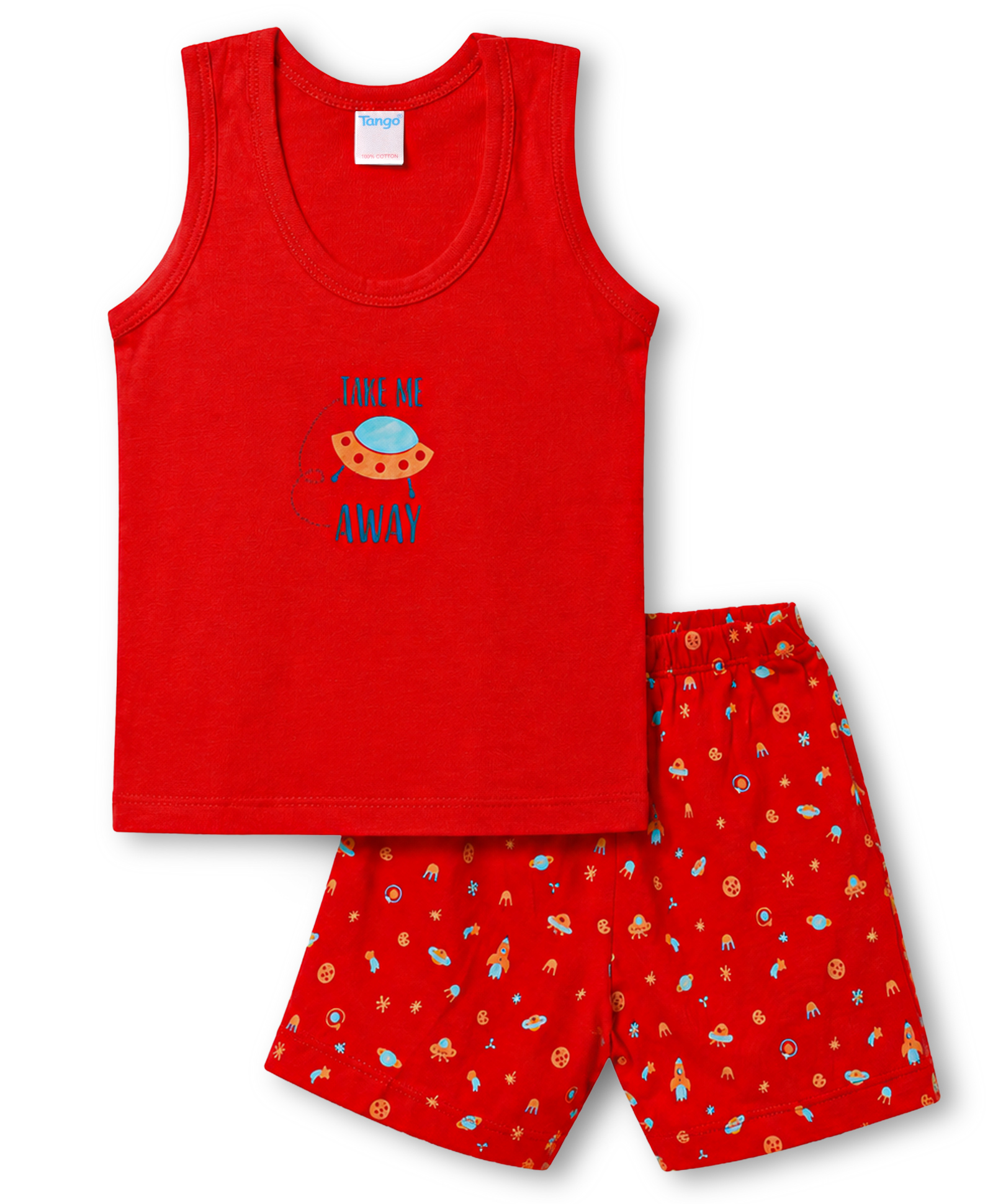 Tango Single Jersey Knit Sleeveless Vest & Shorts Innerwear Set with Space Theme Print - Red-picture-36