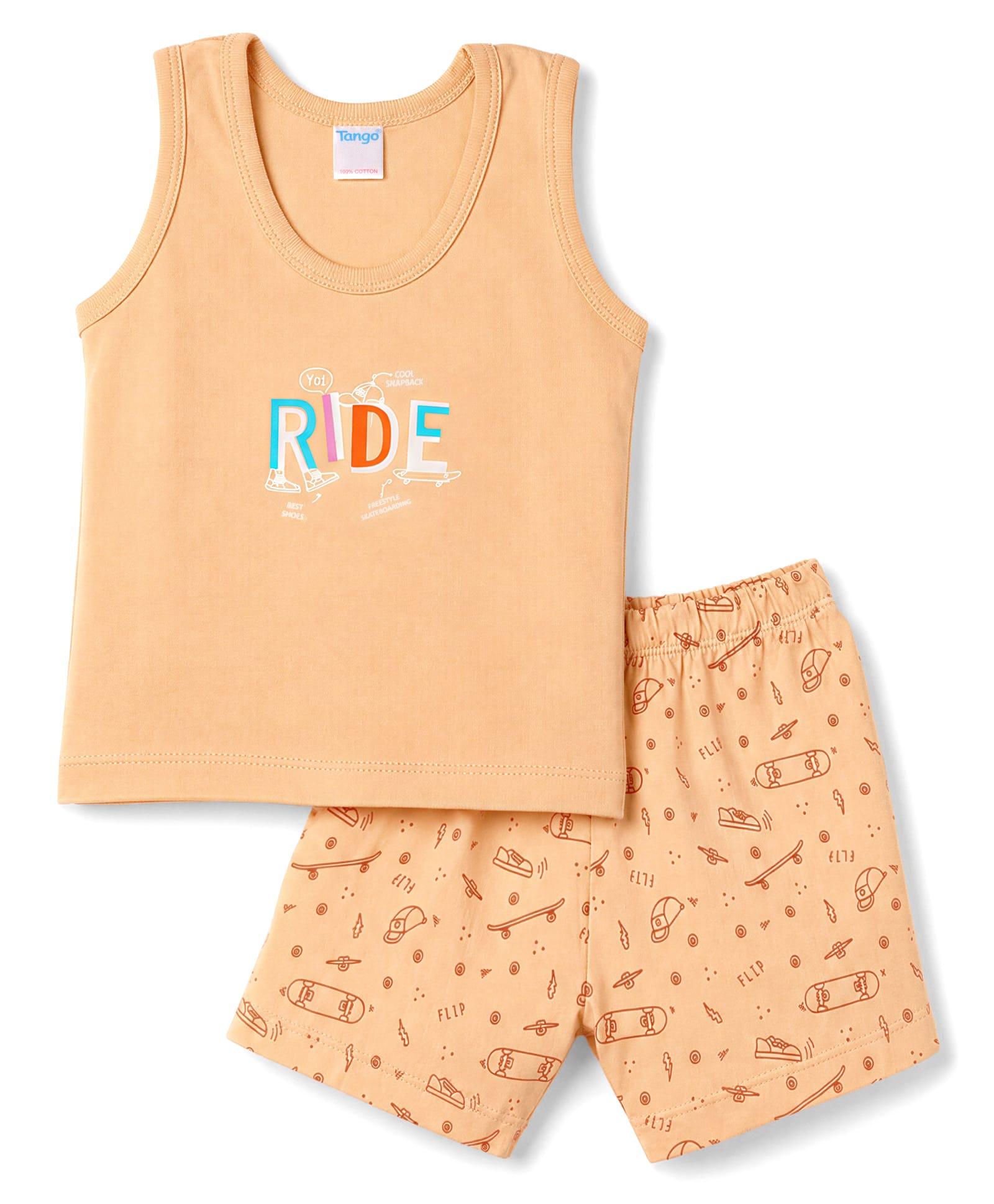 Tango Single Jersey Knit Sleeveless Vest & Shorts Innerwear Set with Skating Theme Print - Peach-picture-16