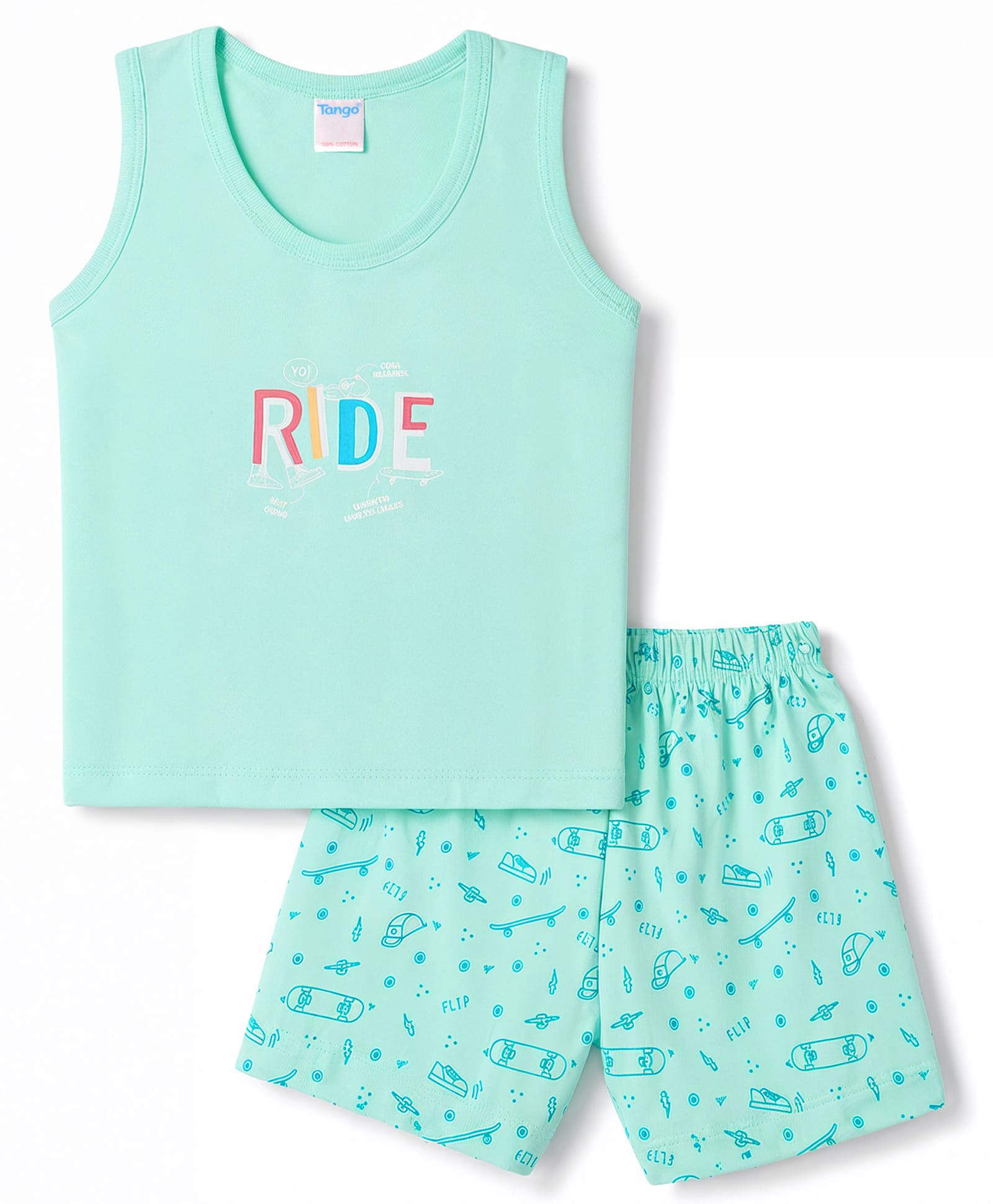 Tango Single Jersey Knit Sleeveless Vest & Shorts Innerwear Set with Skating Theme Print - Aqua-image-46