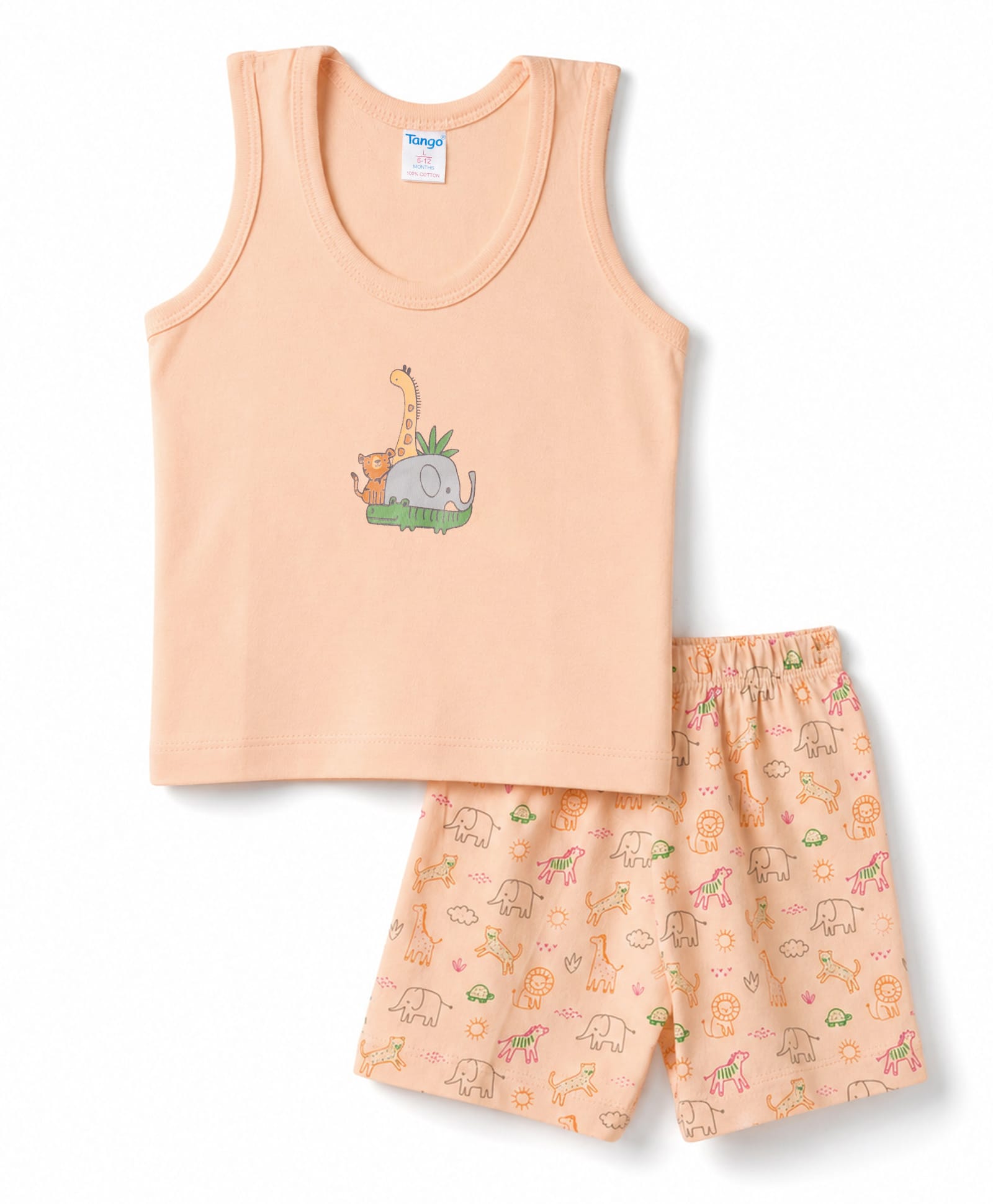 Tango Single Jersey Knit Sleeveless Vest & Shorts Innerwear Set with Animal Print - Peach-image-9
