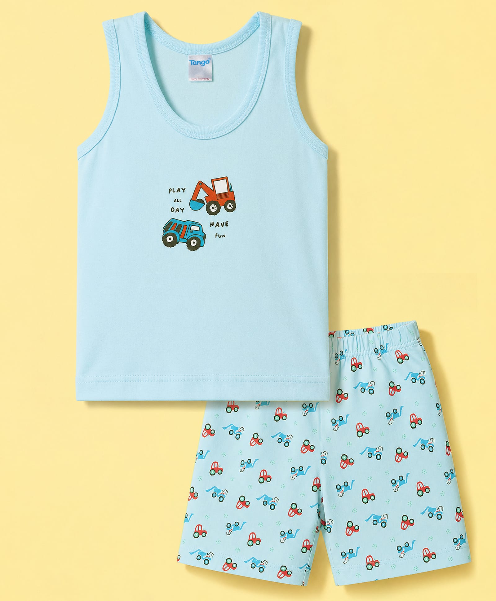 Tango Single Jersey Knit Sleeveless Vest & Shorts Innerwear Set JCB & Car Print - Aqua-picture-30