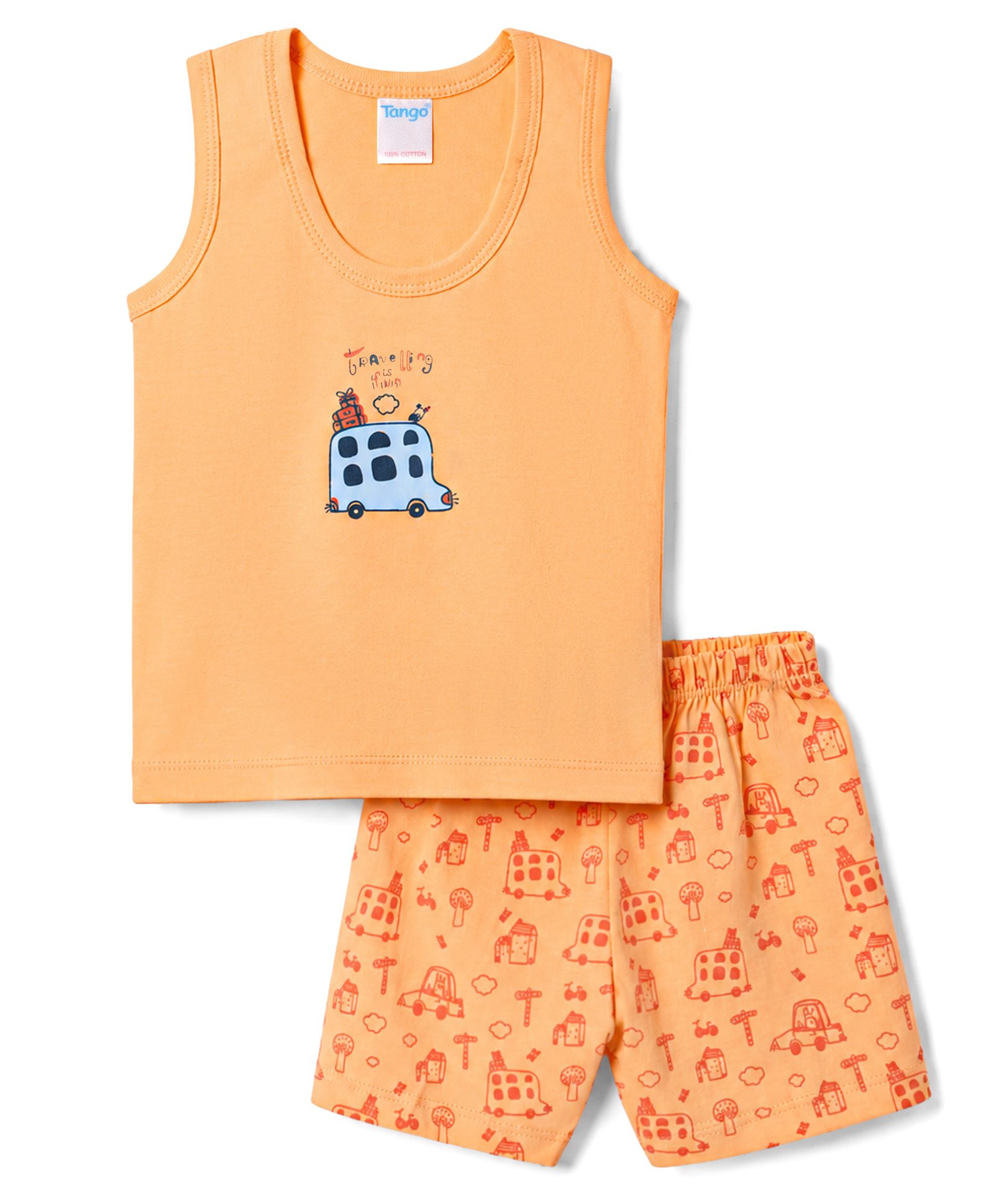 Tango Single Jersey Knit Sleeveless Vest & Shorts Innerwear Set with Toy Car Print - Peach-image-12