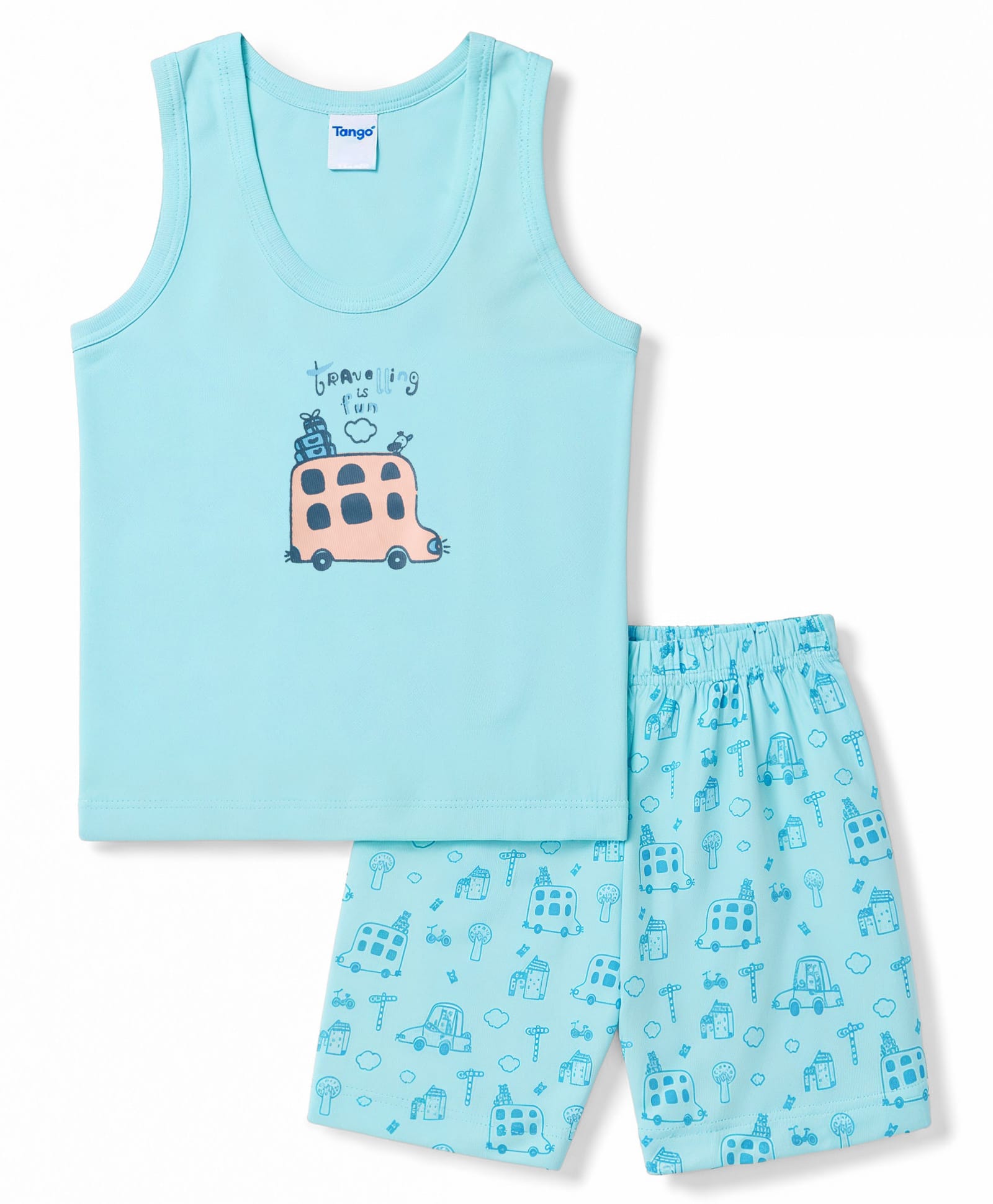Tango Single Jersey Knit Sleeveless Vest & Shorts Innerwear Set with Toy Car Print - Aqua-picture-48