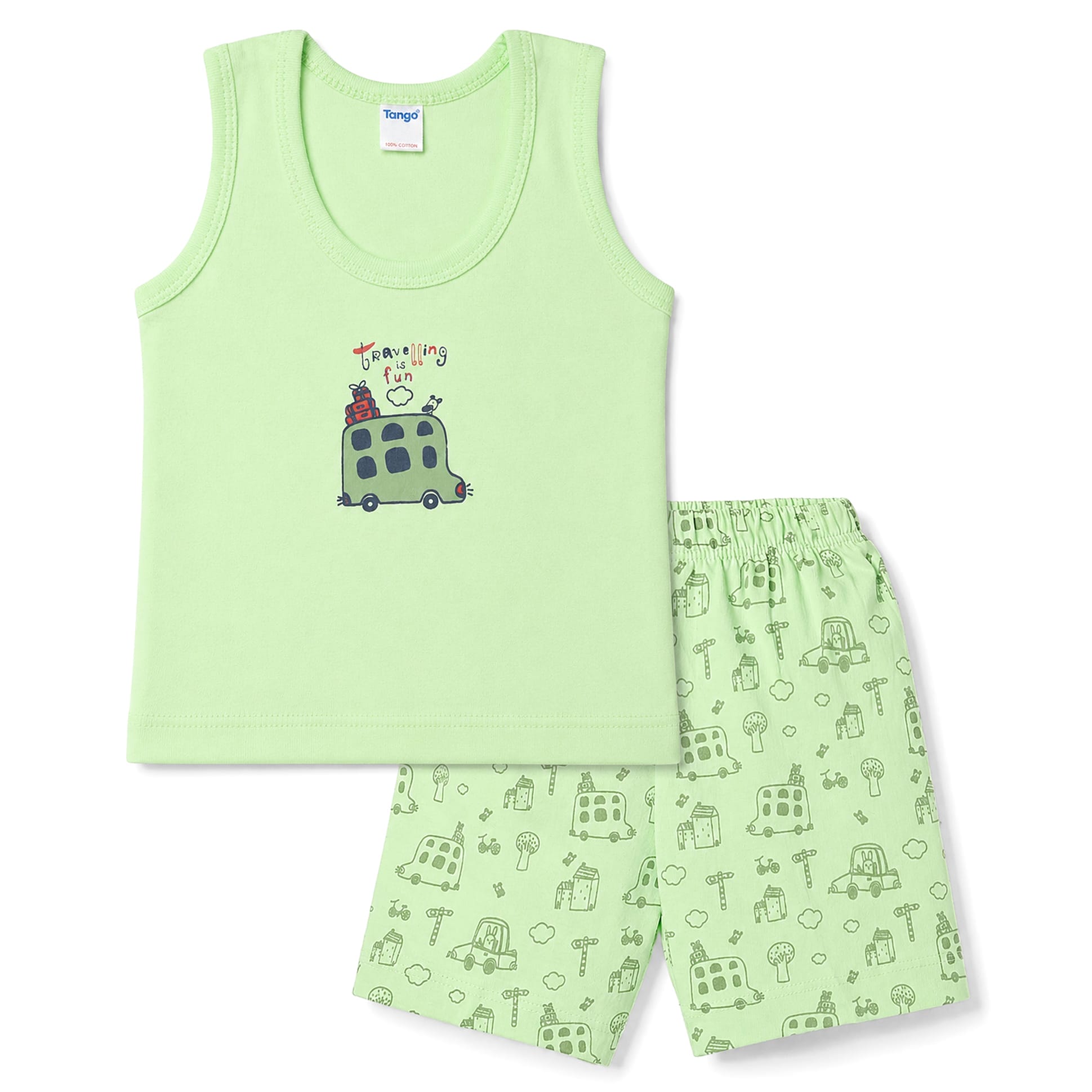 Tango Single Jersey Knit Sleeveless Vest & Shorts Innerwear Set with Toy Car Print - Light Green-picture-38