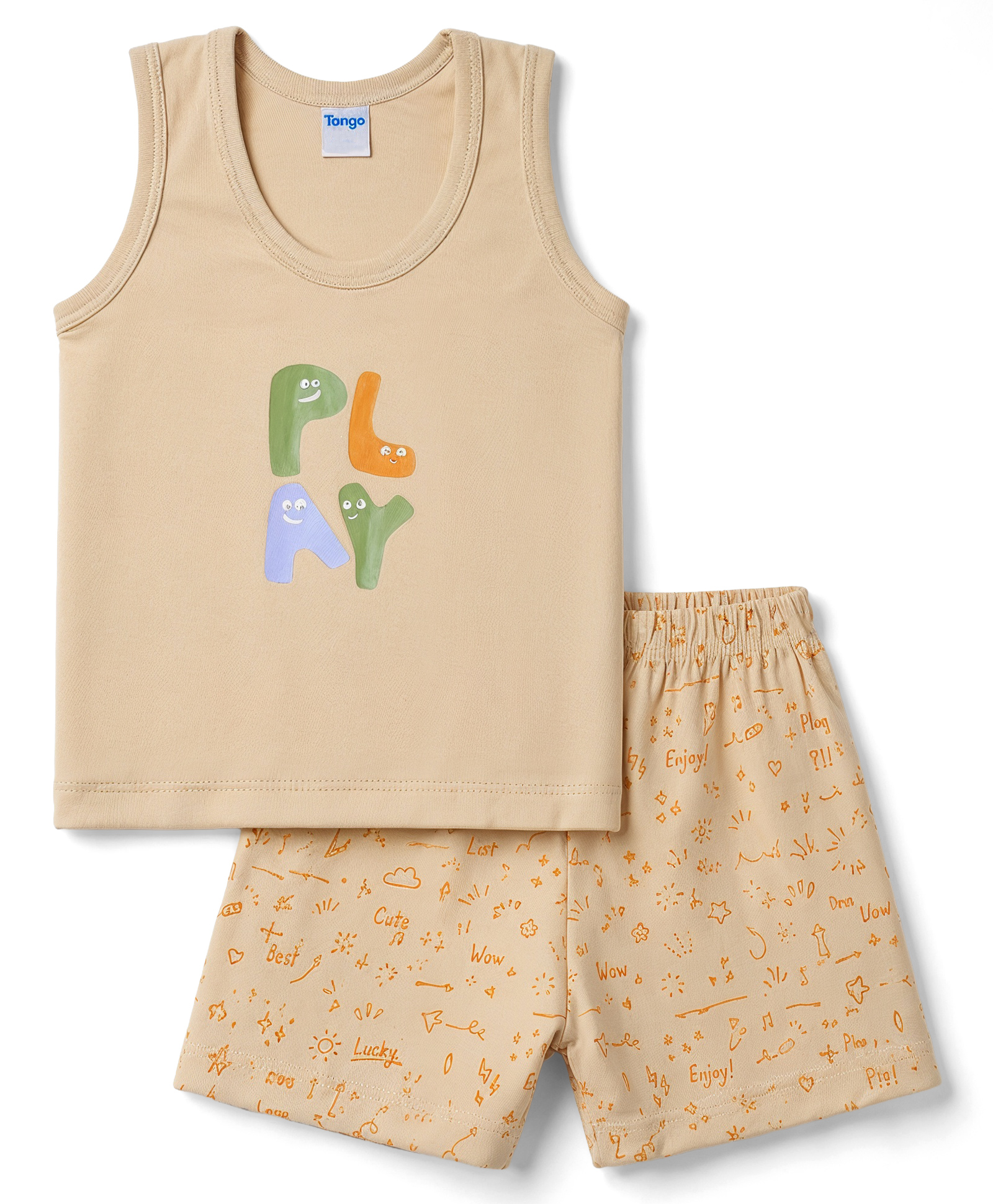 Tango Single Jersey Knit Sleeveless Vest & Shorts Innerwear Set with Text Print - Tan-image-22