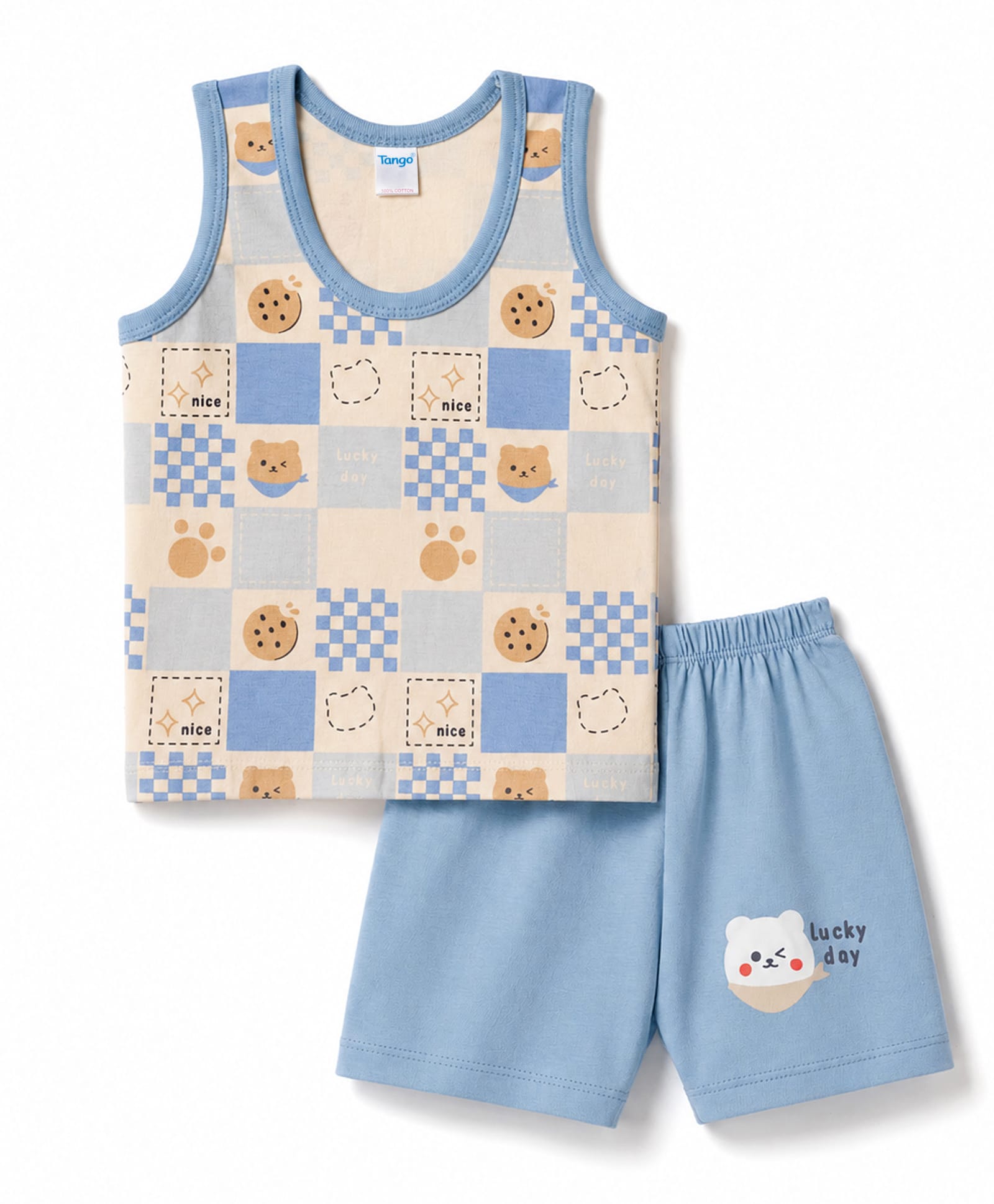 Tango Single Jersey Knit Sleeveless Vest & Shorts Innerwear Set with Bear Print - Sky-picture-26