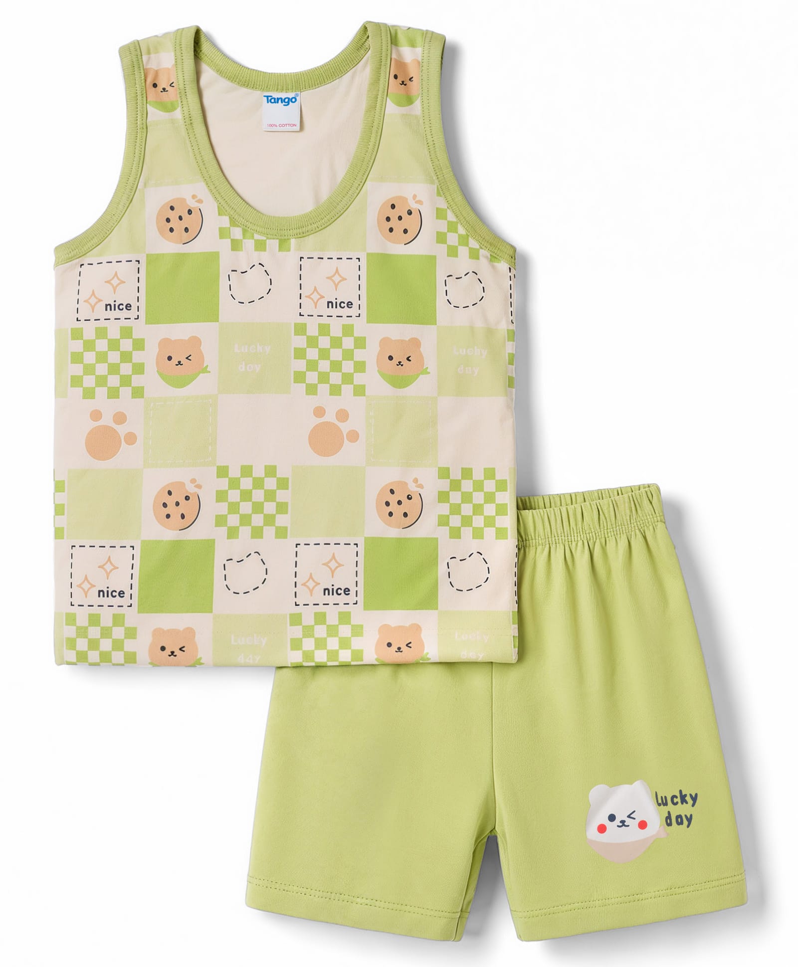 Tango Single Jersey Knit Sleeveless Vest & Shorts Innerwear Set with Bear Print - Olive-picture-38