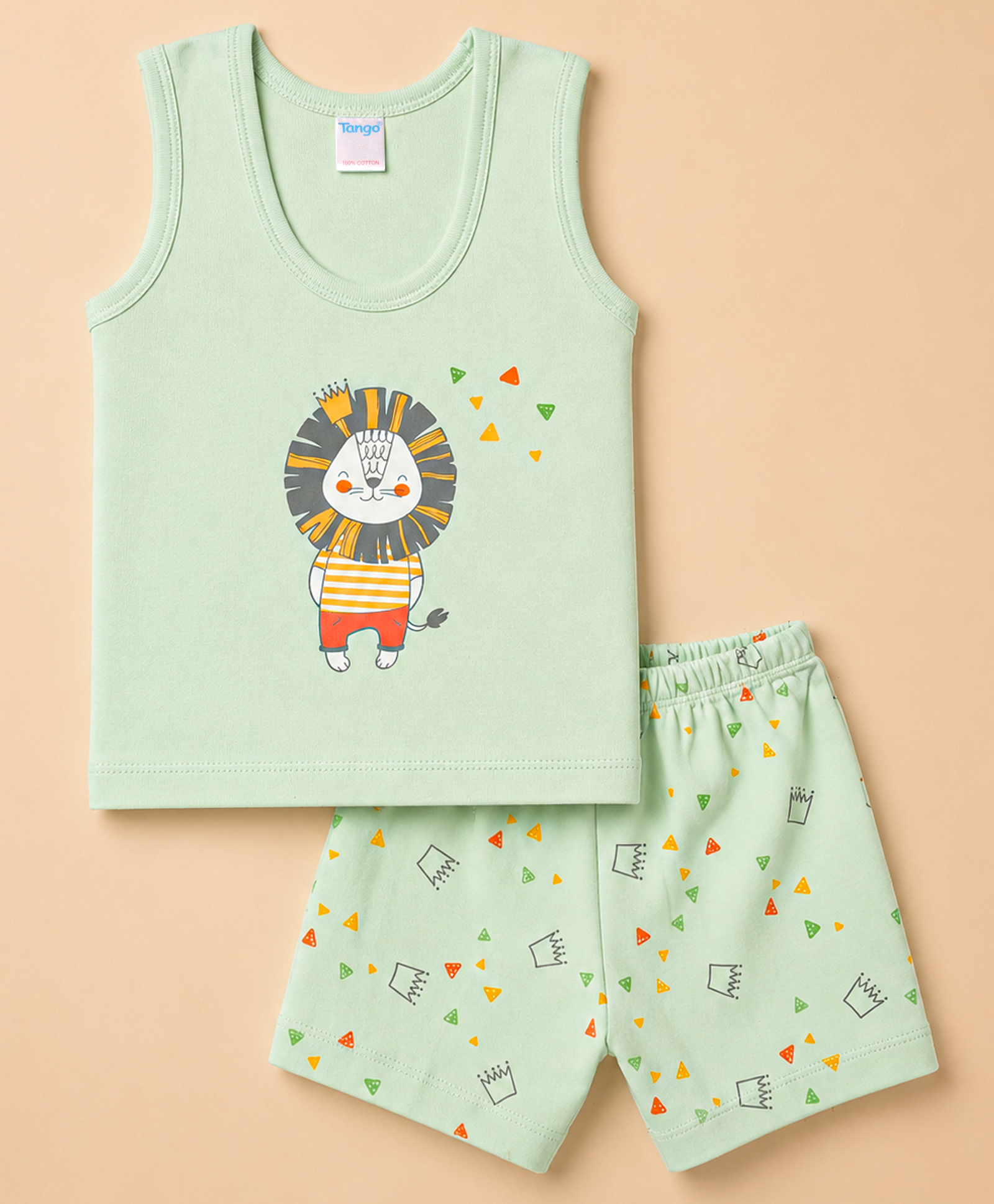 Tango Single Jersey Knit Sleeveless Vest & Shorts Innerwear Set with Lion Print - Light Green-image-27