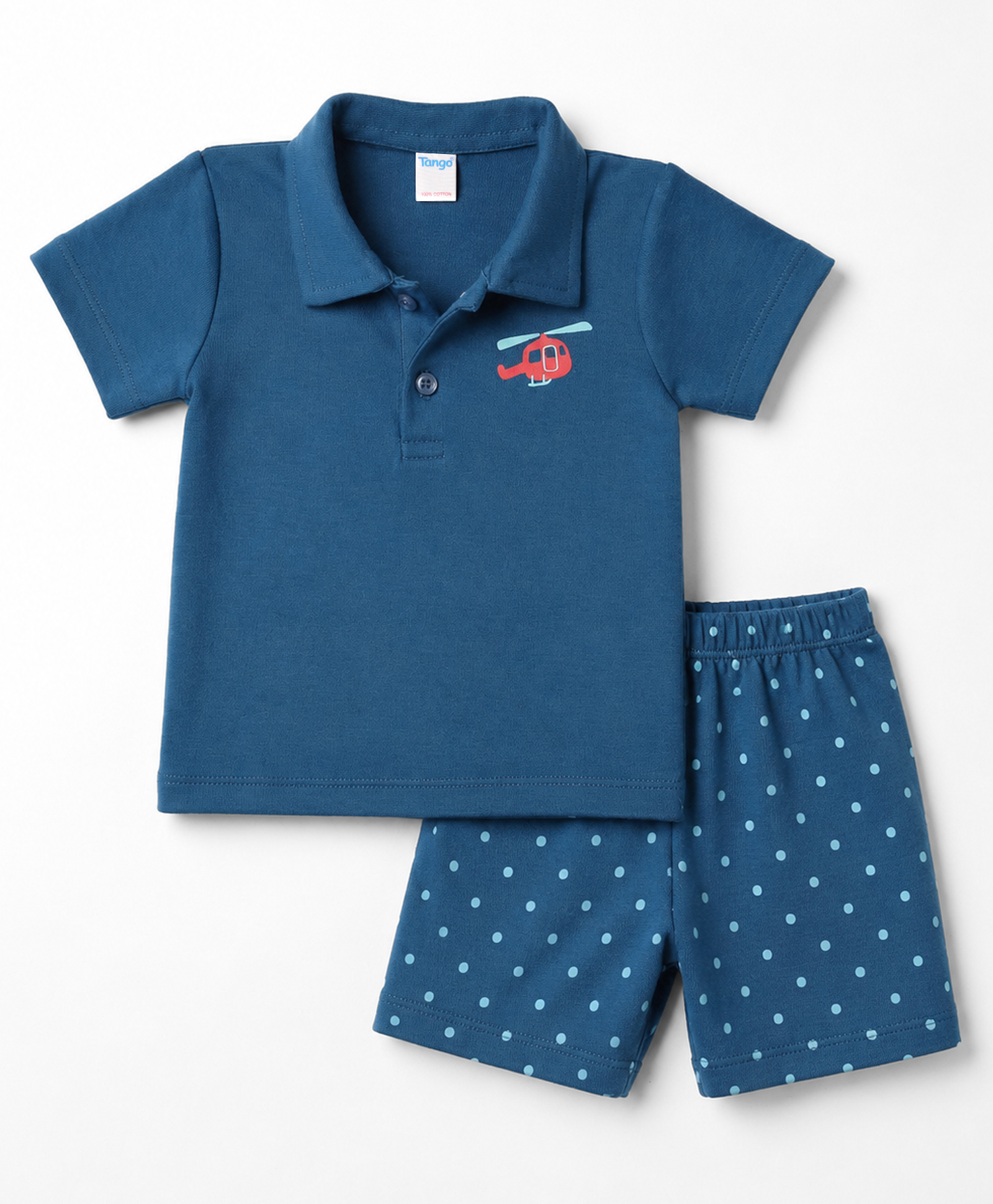 Tango Interlock Knit Half Sleeves Helicopter & Polka Dots Printed Polo T-Shirt & Shorts Set - Navy Blue-image-9